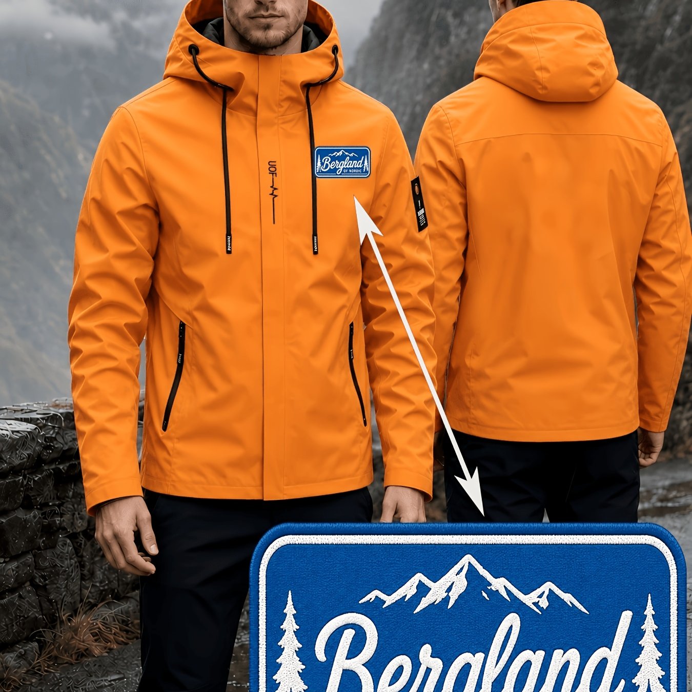 TEMU Men's Windproof Jacket With Outdoor Pattern Prints, 100% Casual Outdoor Softshell Multifunctional Hooded Windbreaker, With Zip Pockets, Heavy