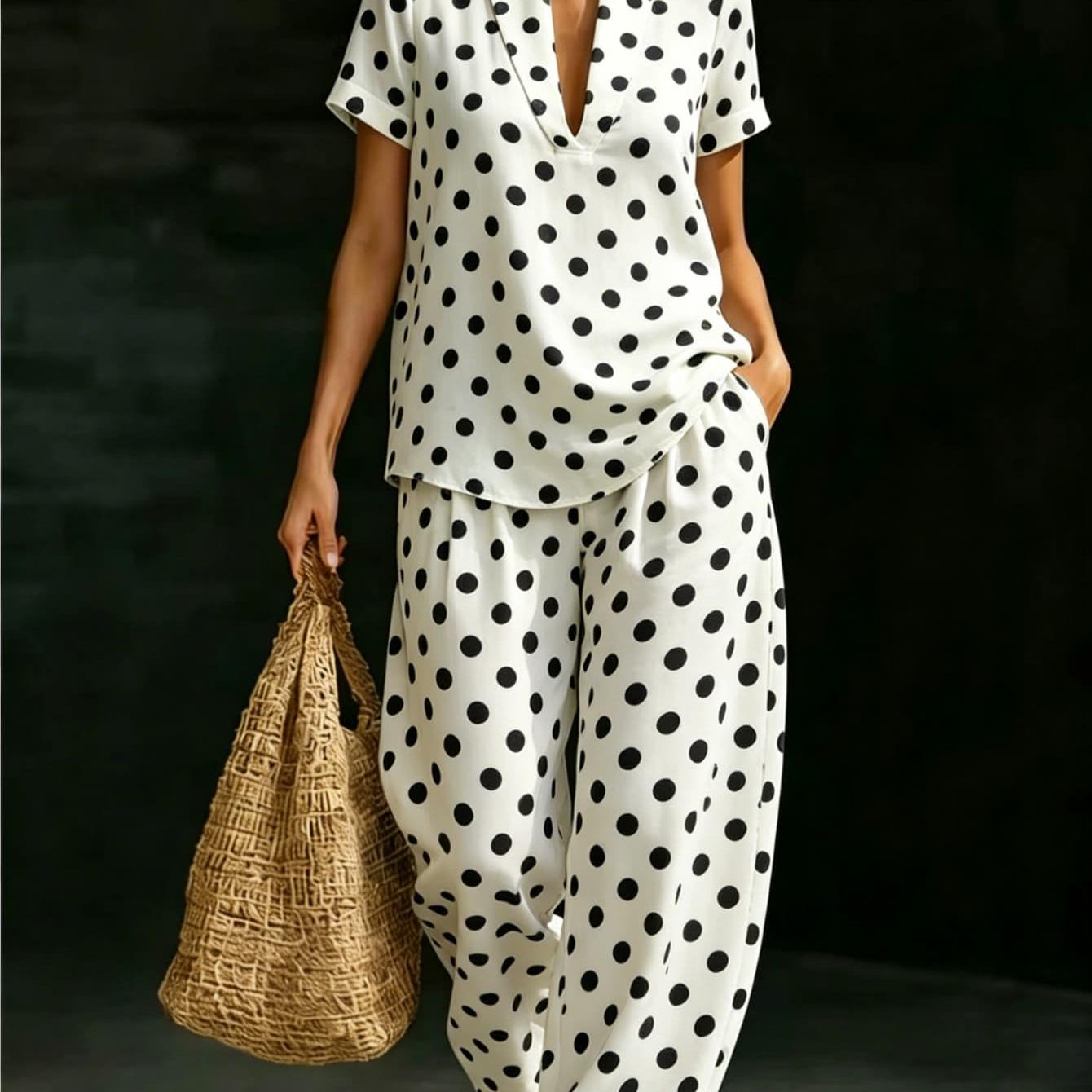 Image of Women Plus Size Classic Polka Dot Two-piece Outfit, White Print Lapel V-neck Blouse And Loose Palazzo Pants, Soft Suit Curvy Friendly