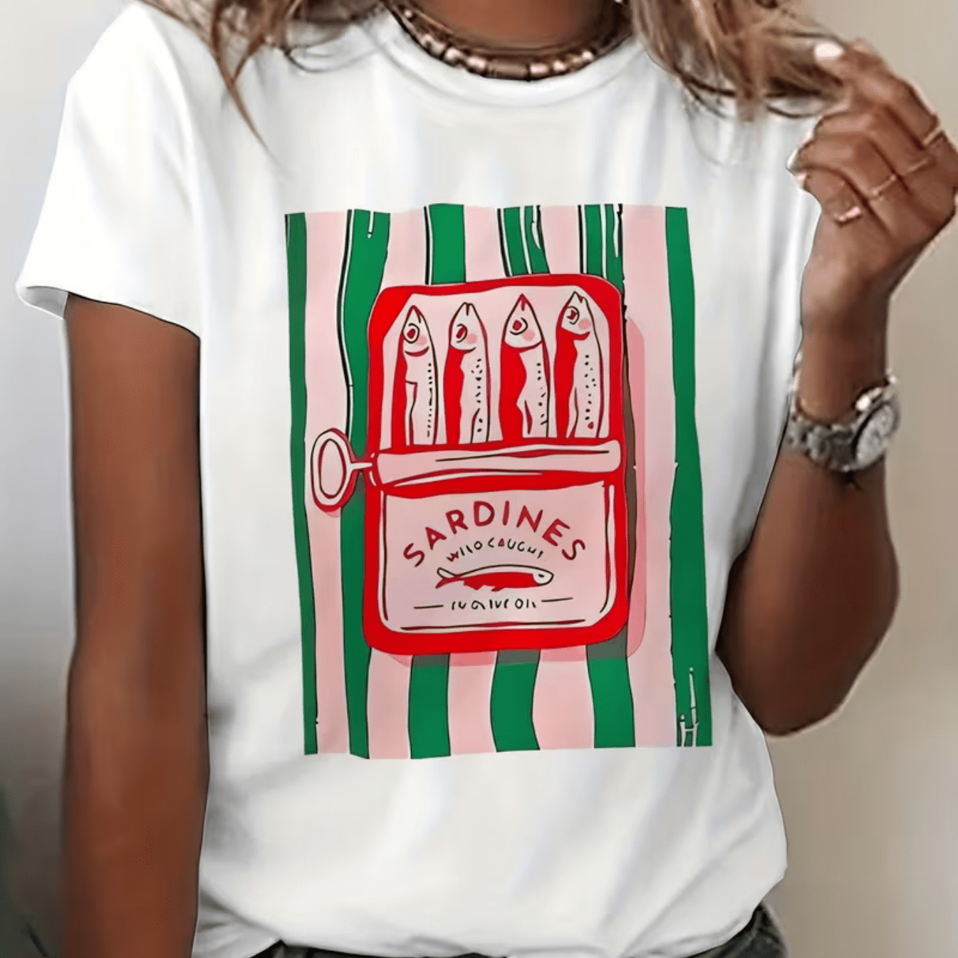 TEMU Retro Sardine Art Printed T-shirt, Women's Short-sleeve Round-neck Casual Top, Suitable For Spring And Summer