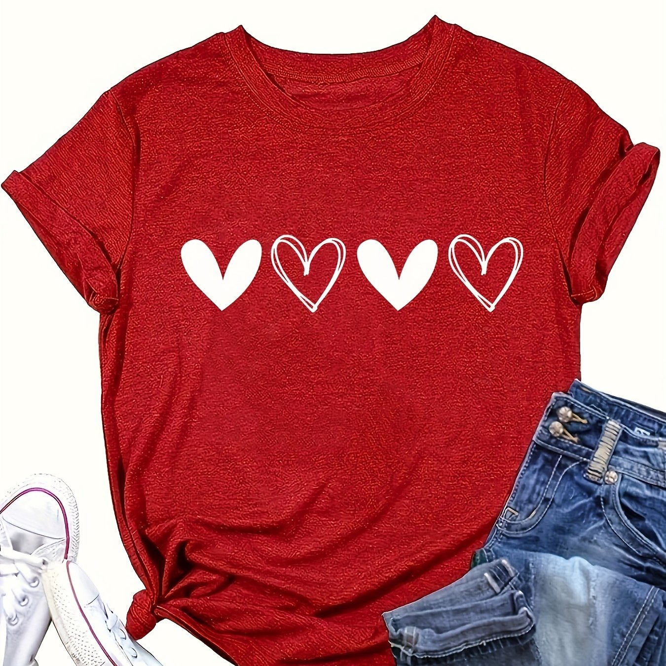 TEMU Heart Neck T-shirt, Cute Short Sleeve T-shirt For , Women's Clothing