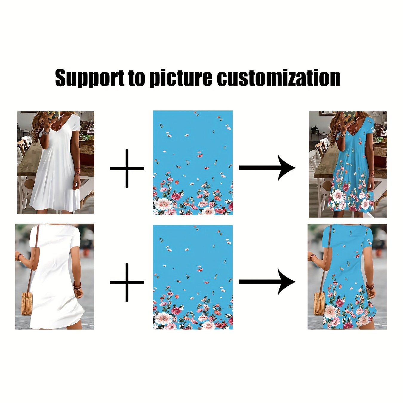 TEMU Customizable Women's Short-sleeve V-neck Dress - Short Sleeves, Casual Mid-length Dress Featuring Vibrant Portrait Prints, Everyday Wear,
