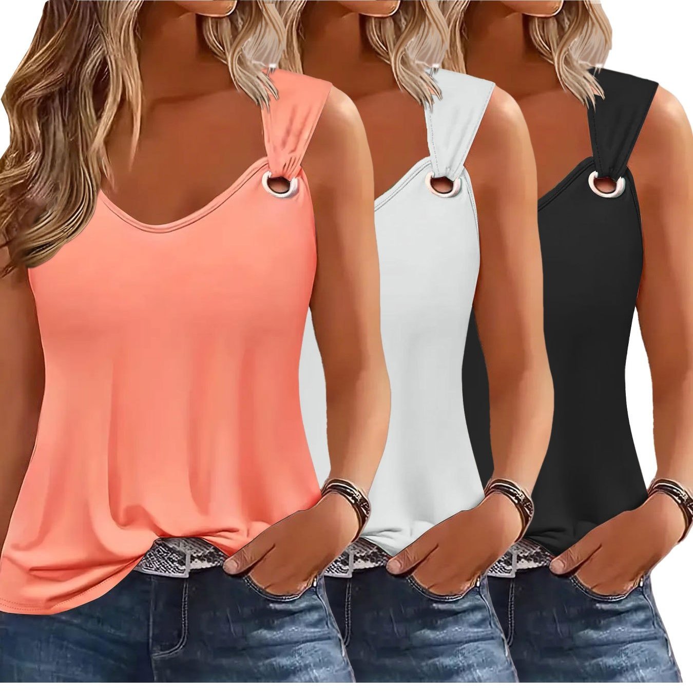 E-shop Druckpack Damen Tanktops Sommer Ärmellos Lockerer Schnitt Lochmuster Einfarbige Basic Shirts