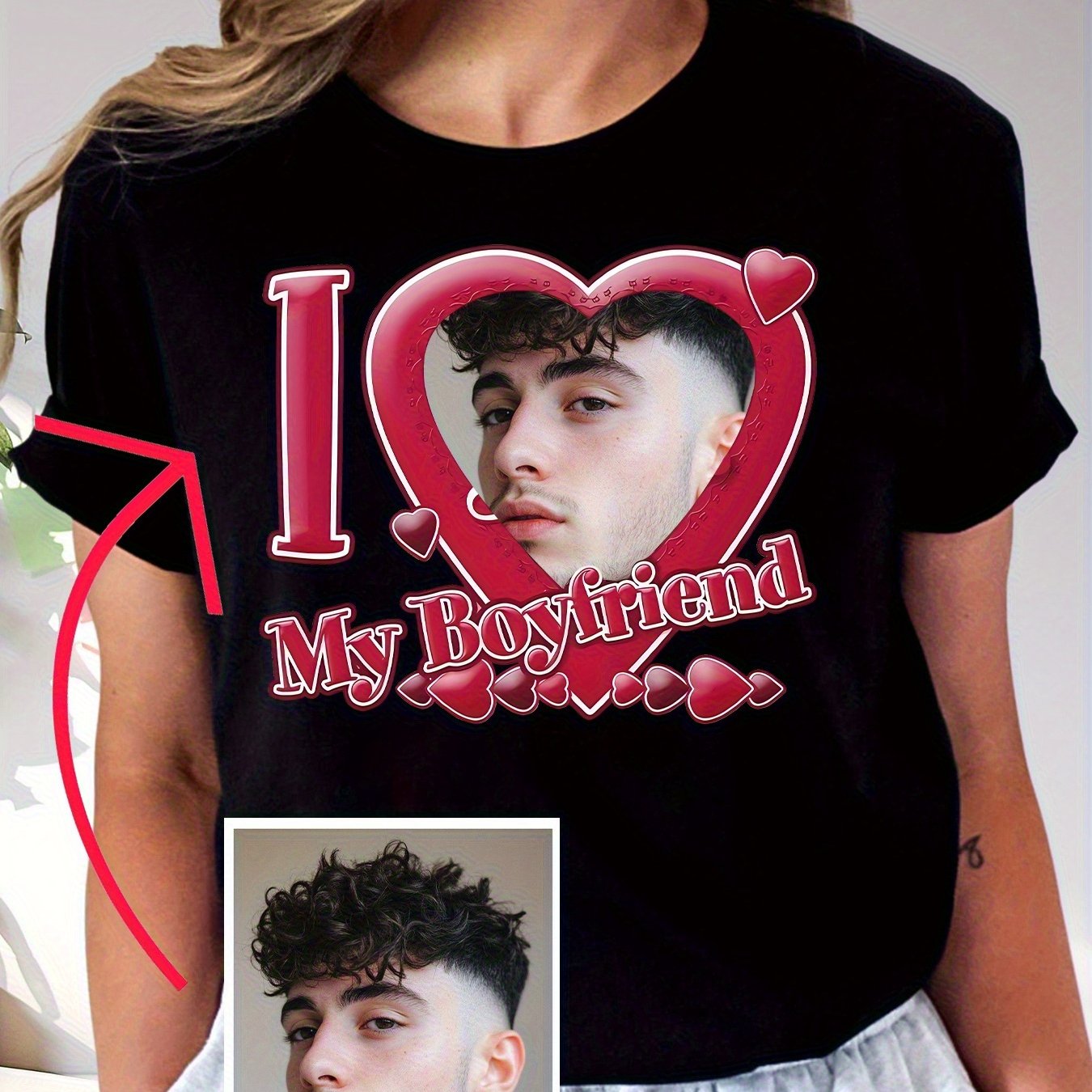 TEMU Japan And South Korea Customized "i Love My Boyfriend" Women's T-shirt - Personalized Photo And Heart-shaped Design, Summer Casual Couple Style,