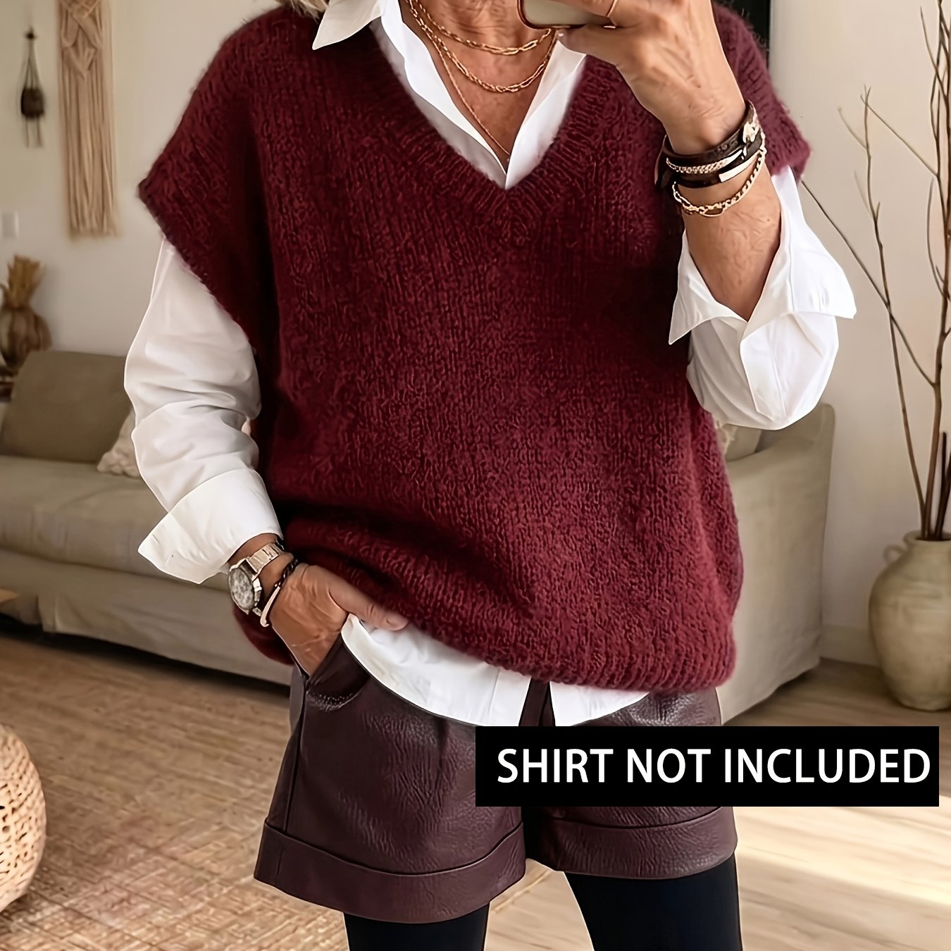 TEMU Débardeur d'automne printemps pour femmes, style Noël, décontracté et , col en V, en laine, épaules dénudées, manches