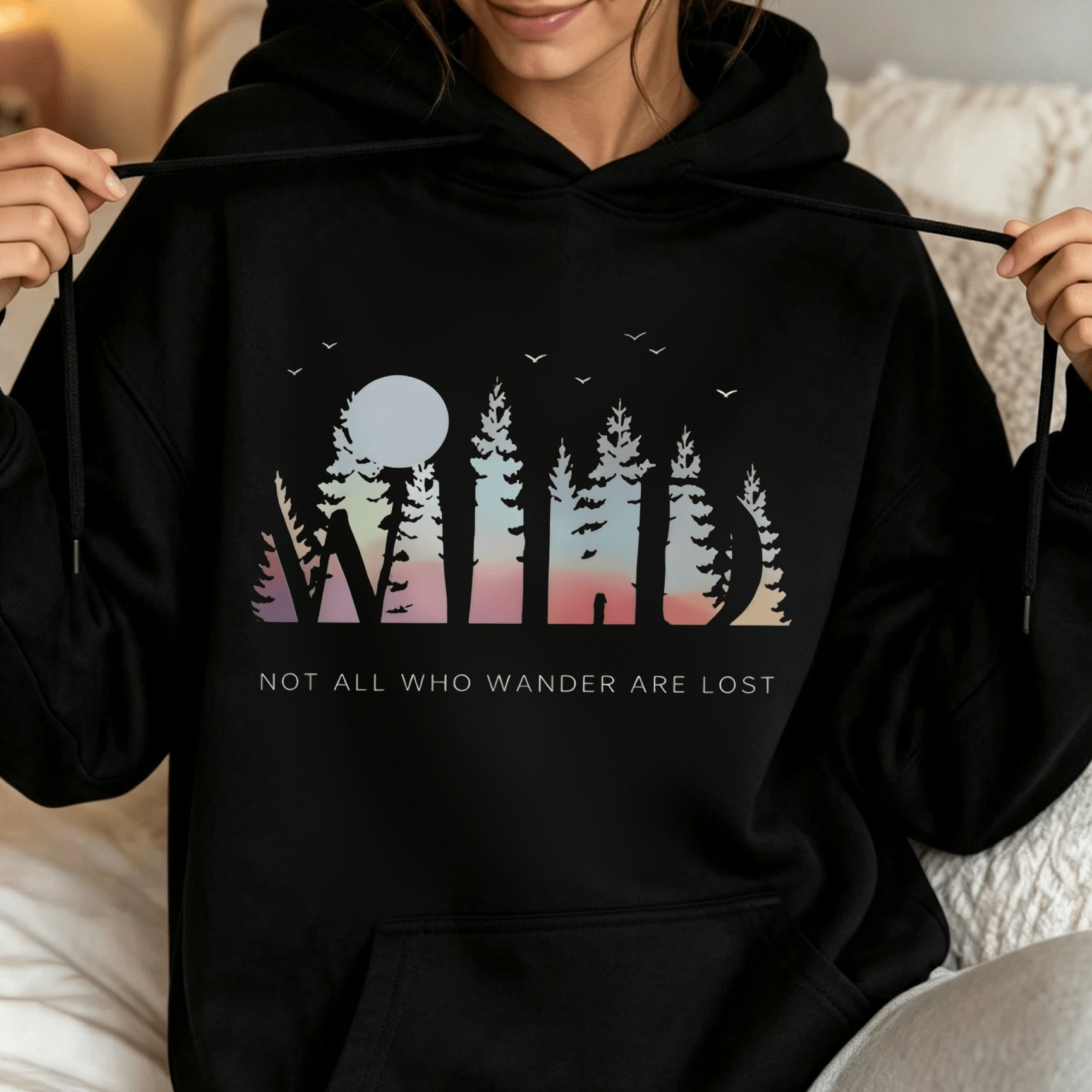 TEMU Women's Casual Hoodie With Wild Gradient Mountain Pine Letter Full Birds And Not Are Lost Slogan Print Outdoor Hiking Wilderness Style Daily