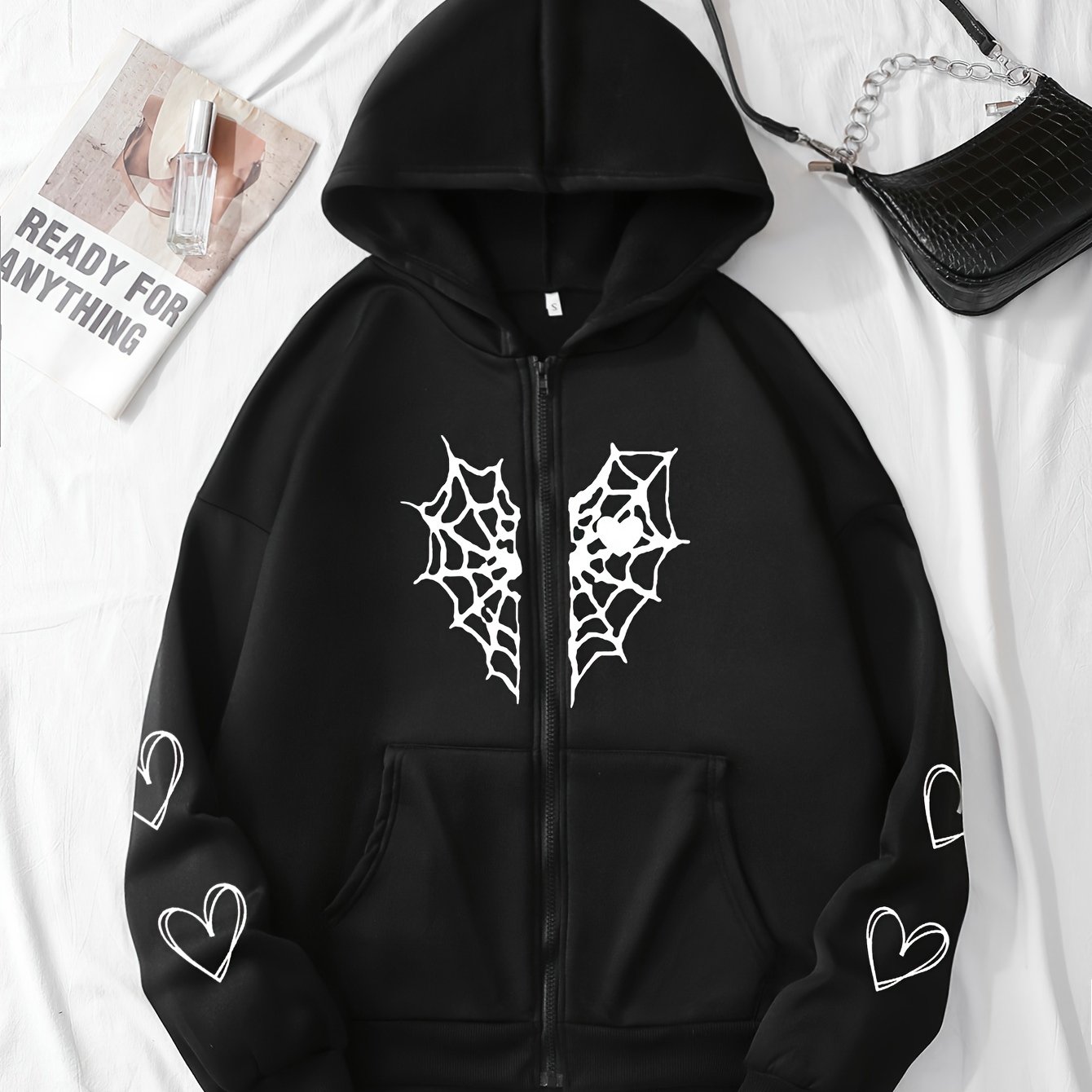 Image of Fashion Casual Women's Autumn/winter -lined Sweatshirt With Spiderweb Heart Print, Zippered Warm Hooded Cardigan Jacket For Women