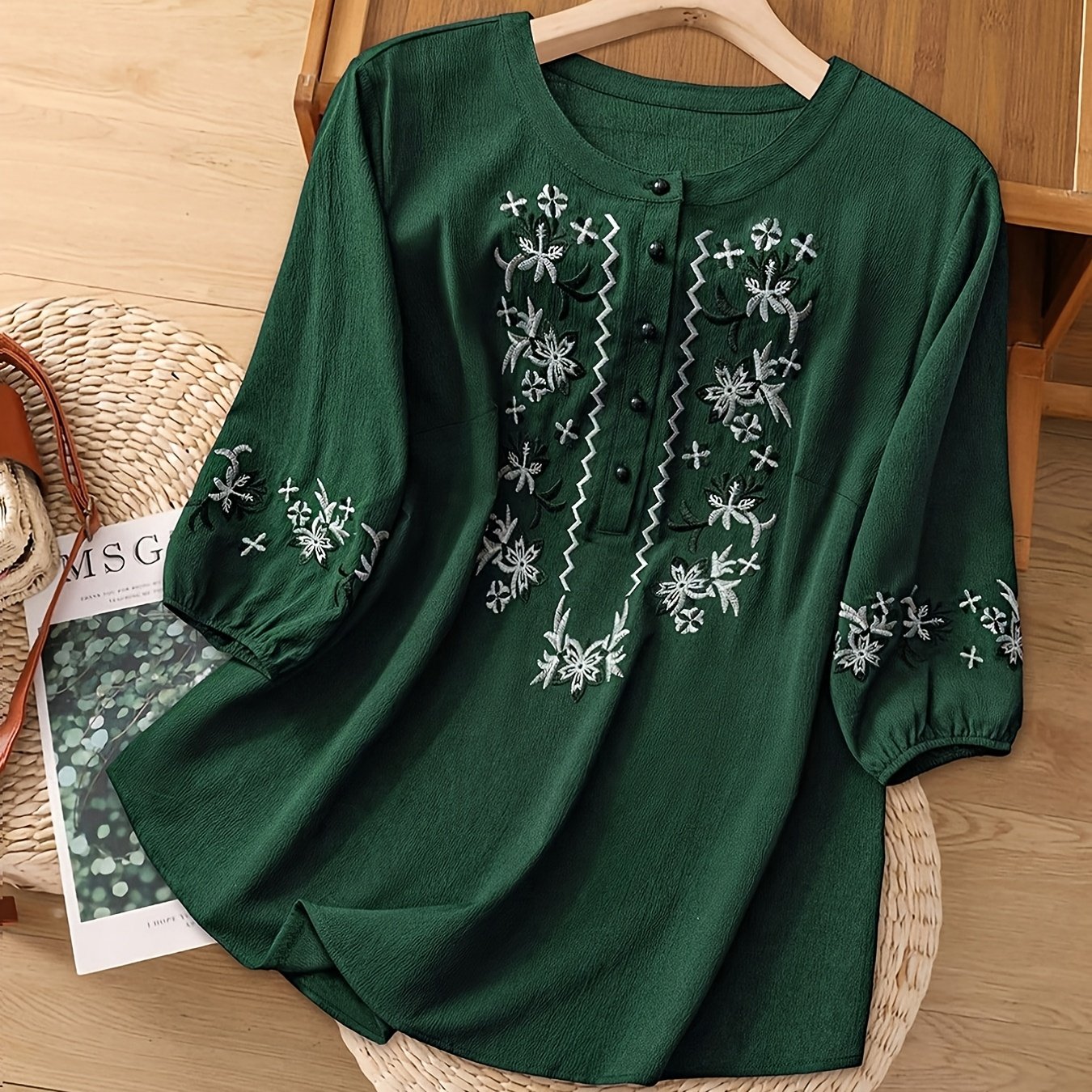 TEMU Women's Embroidered Loose Bohemian Vintage Shirt, Spring Summer Casual Top