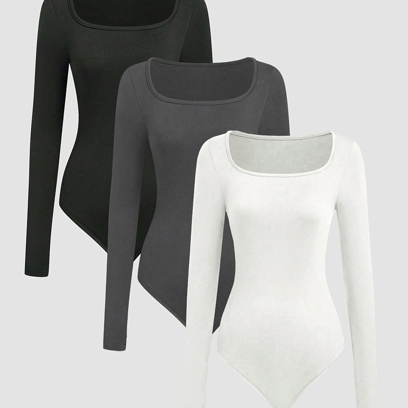 Image of 3pcs Square Neck Bodysuit, Women's Casual Sport Long Sleeve 1pc Jumpsuit