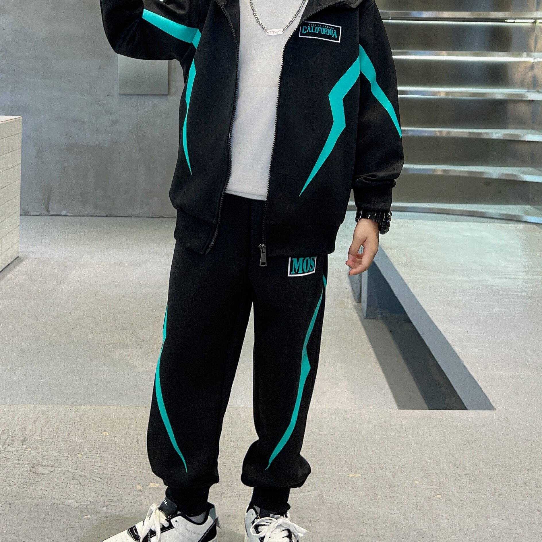 Boys' 2pcss Set, Athletic Casual Comfortable Hooded Zip-up Cardigan And Long Pants, Print Pattern 2pcss Outfit, For Outdoor