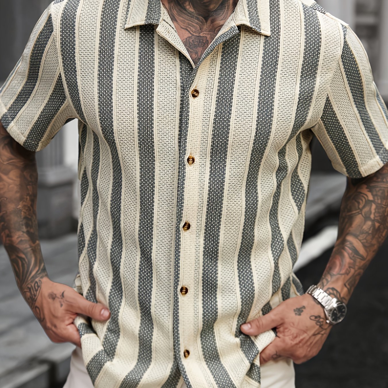 E-shop Neues Sommer Herren Kurzarmhemd, Bequemes Casual Vielseitiges Gestreiftes Oberteil