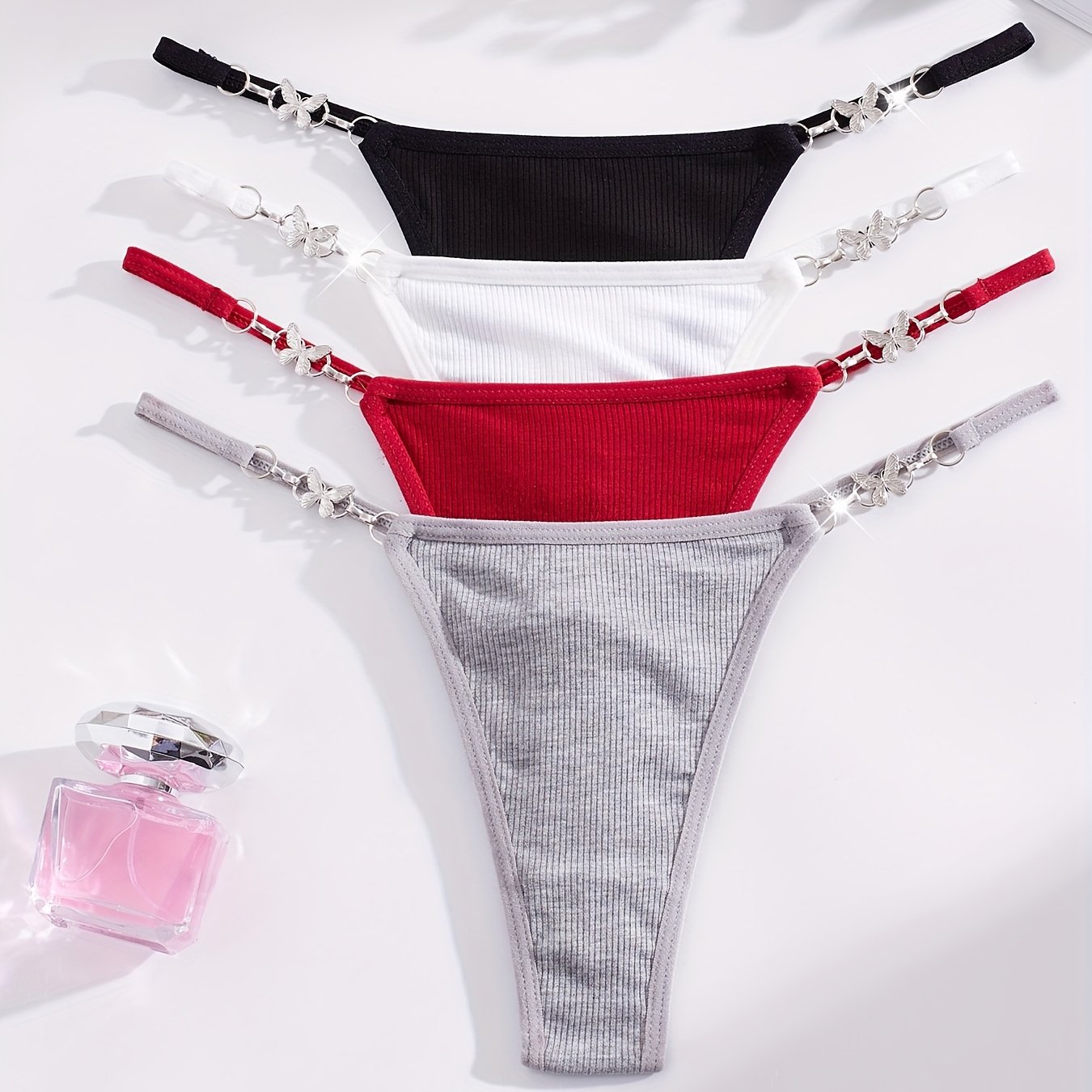 A Set Of 4 -themed Underwear For Autumn And Winter, Featuring , , , , And Stretchy Ribbed Solid Bikinis For Women's Lingerie