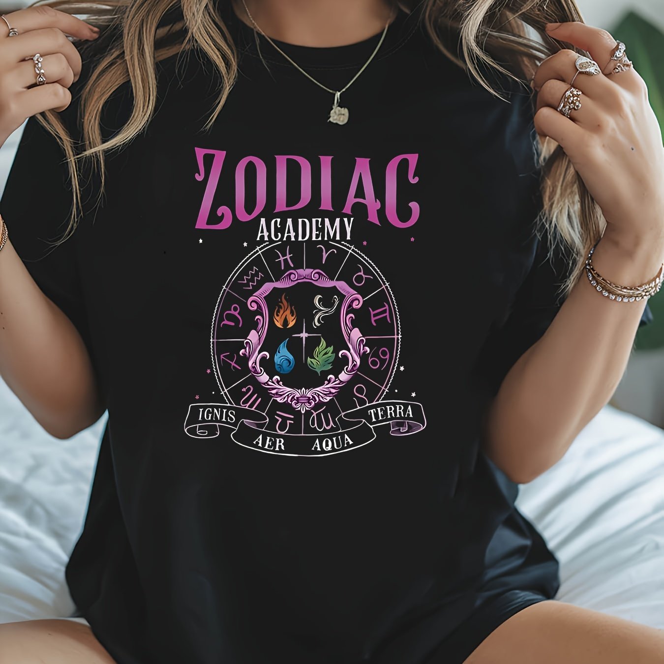 TEMU Aer Print T-shirt, Short Sleeve Crew Neck Casual Top For Summer & Spring, Women's Clothing