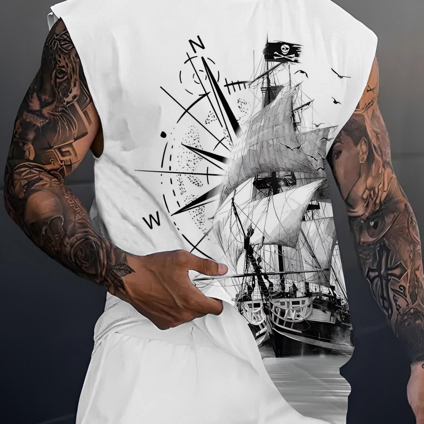 TEMU Men's Sailboat Compass Print Sleeveless Vest, Vintage Nautical Style, Plus Size