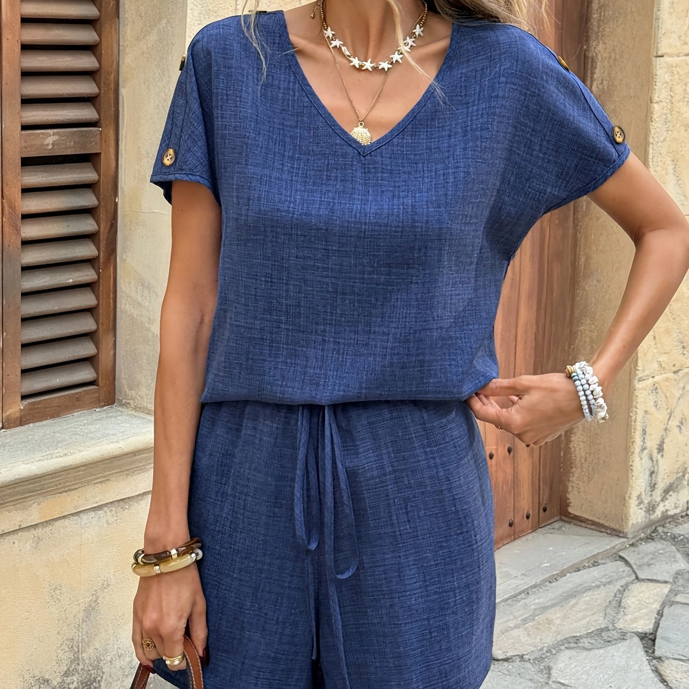 TEMU New European And American Spring/summer Style V-neck Vacation-inspired Elegant Casual Short-sleeve Top   Shorts Versatile Commuter Women's Set