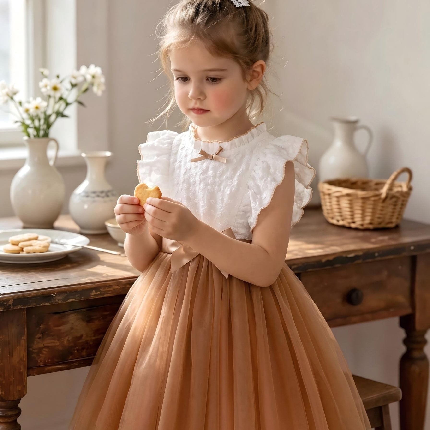 Girl's Mesh Dress, Spring/summer/autumn Mesh Knee-length Round Neck Casual Belted Textured Fabric, Romantic Coquette Bow, Basic Daily Versatile Simple Fashionable Elegant Color- Outdoor Pullover