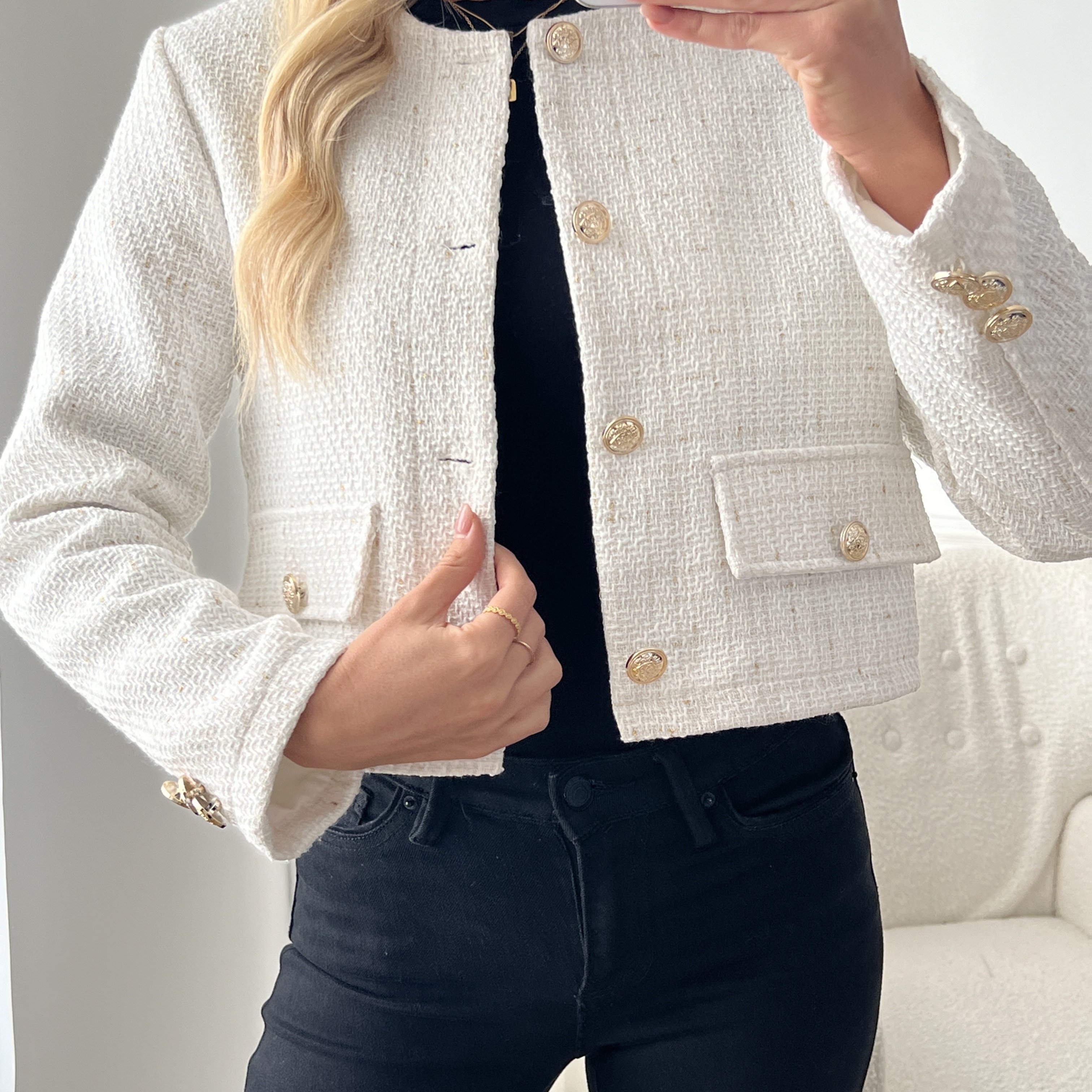 E-shop Elegante Damen Kleinkind Kleid mit Rundhalsausschnitt, Kurze Jacke, Langärmlige Tweed Strickjacke mit Einreiher, Modische Vielseitige Jacke mit