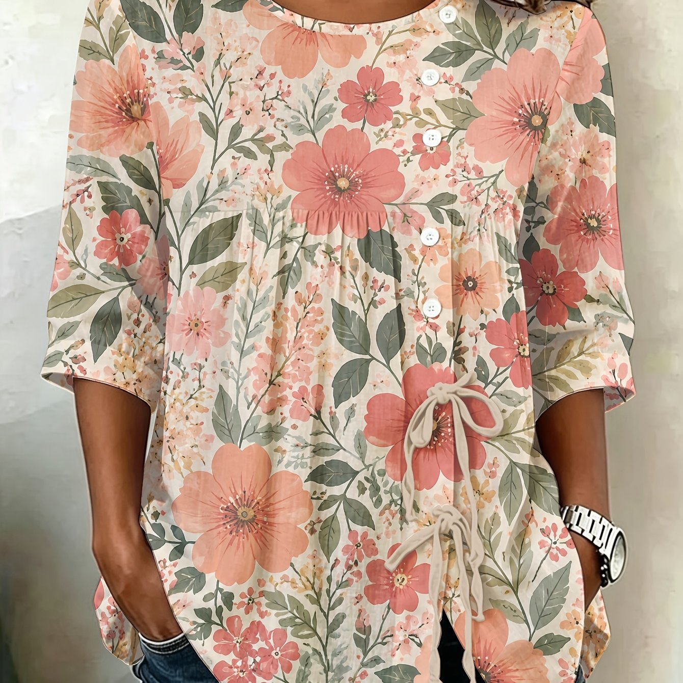 TEMU Plus Size - Vintage Floral Botanical Women's Plus Size Button Blouse, Oversized Longline Essential For, Spring Summer Trend, High , Durable