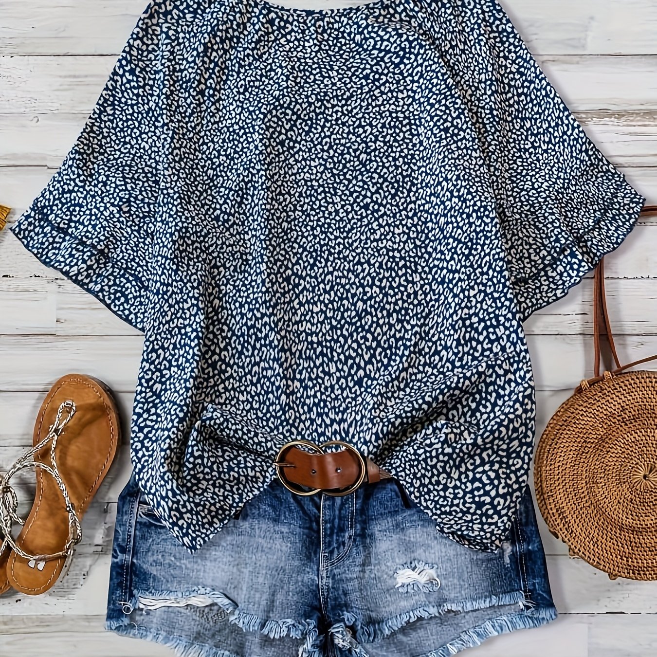 TEMU Plus Size Women's Boho Leopard Print Ruffle Sleeve Blouse - Asymmetrical Summer Top With Round Neck, Machine Washable Casual Vacation Shirt For