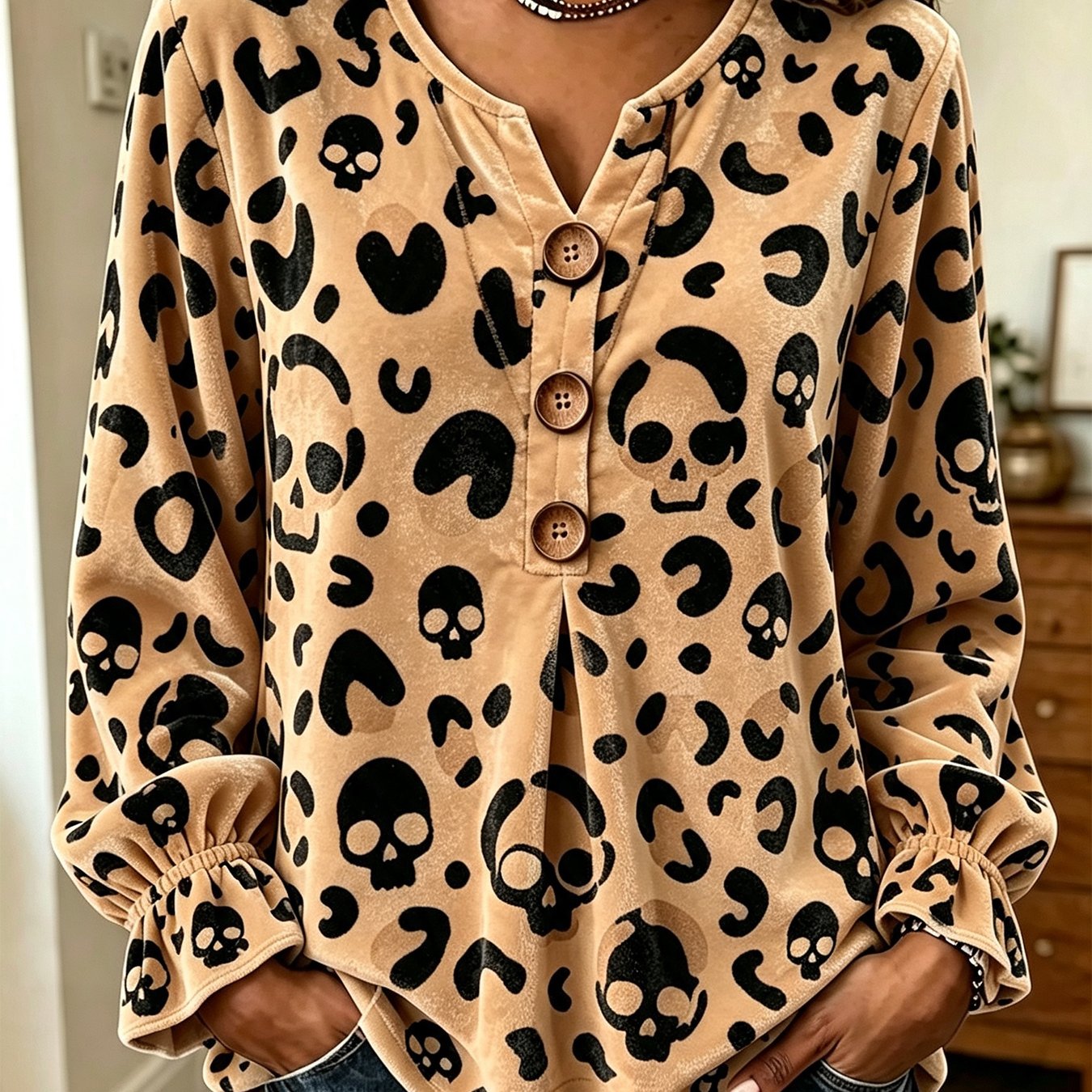 Image of Plus Size, Large Size Women's Top, Fall Fall, Halloween Skull Pattern Velvet Long Sleeve Pullover, Small V-neck Decorative Button For Lotus Leaf Closed Sleeve Casual Top