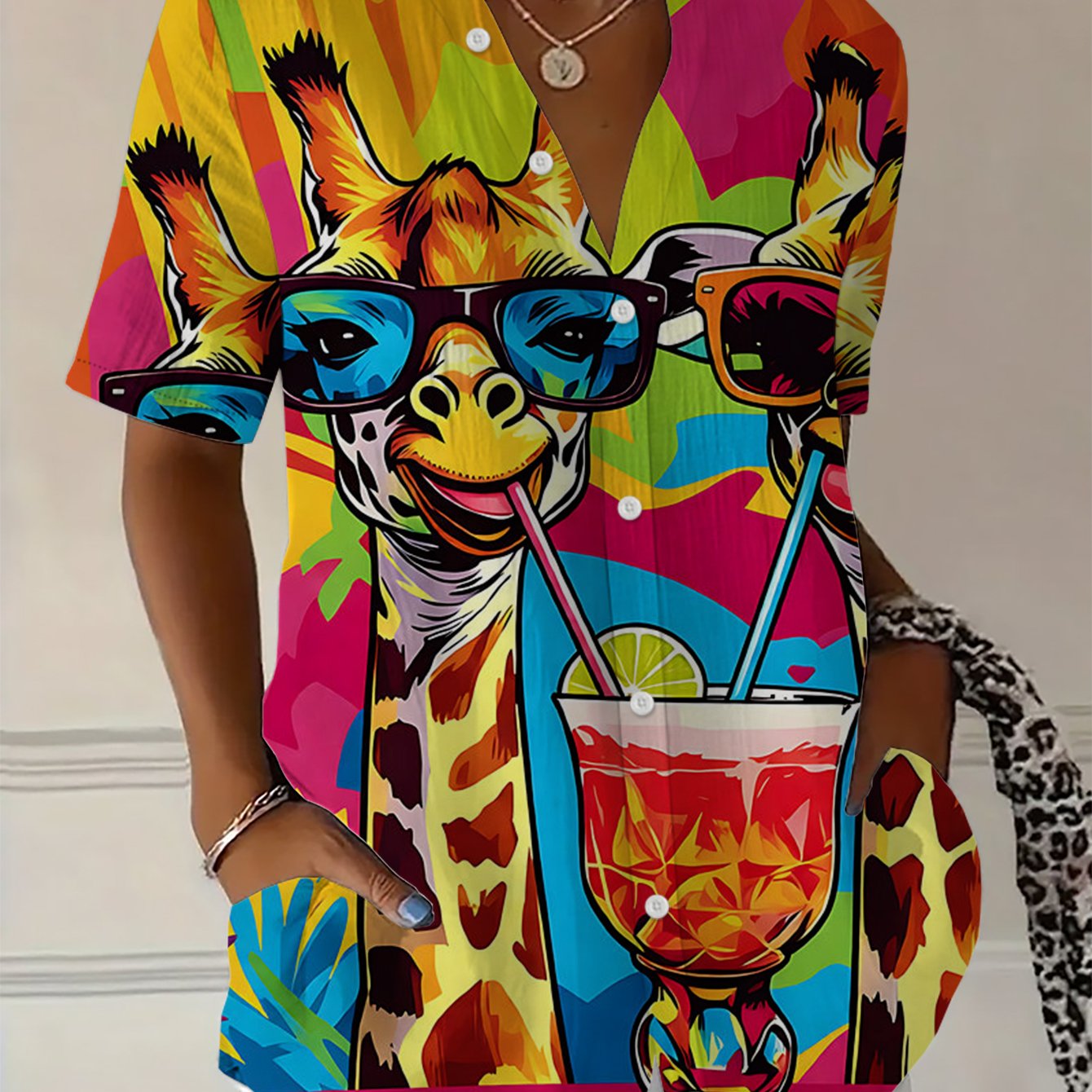 TEMU Women's Comfortable Loose-fit Printed Elegant Casual Fashion Short-sleeve Shirt With Cartoon Giraffe Wearing Fashion Glasses And Drinking A