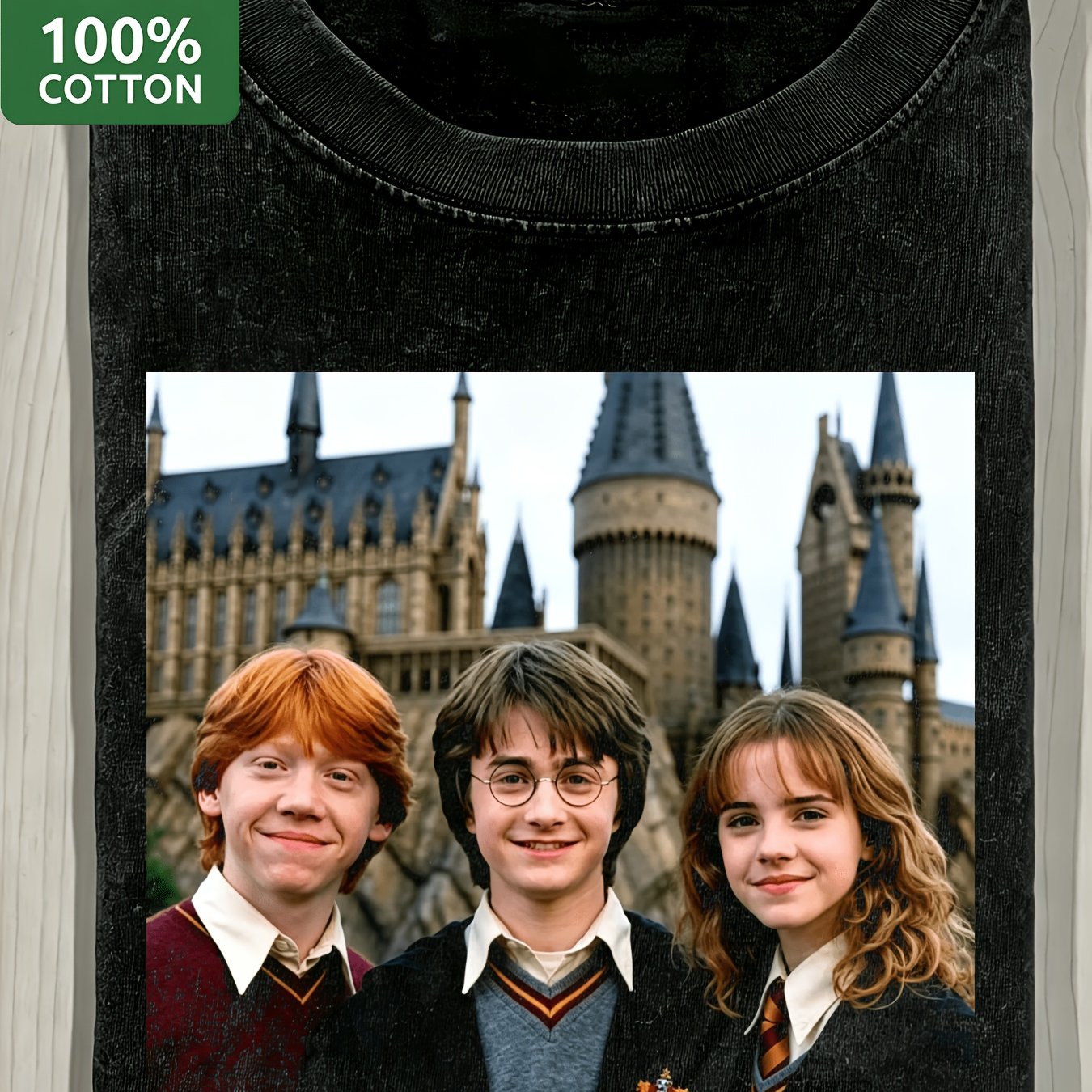 Image of Men's 270gsm Heavyweight Vintage Washed Harry Hermione Ron Hogwarts Group Photo Cotton Tee Classic Golden Trio Portrait Short Sleeve Fan Tee