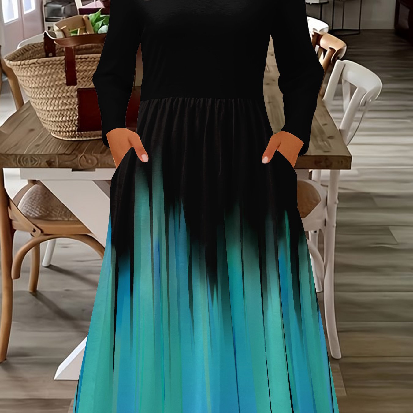 TEMU Plus Size - Plus Size - European And V-neck Long-sleeve Pocket Long Dress 882