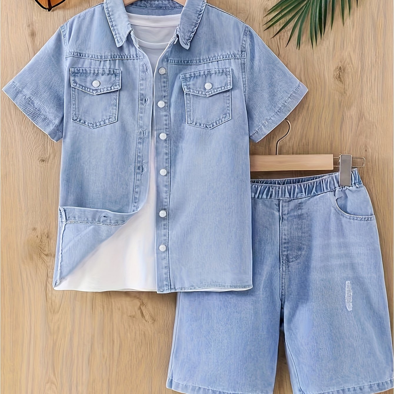 Image of Kids' Denim Set: Teen Jeans Shorts, Short Sleeve Shirt, And Student Pants For Boys And Girls, Perfect For Outdoor