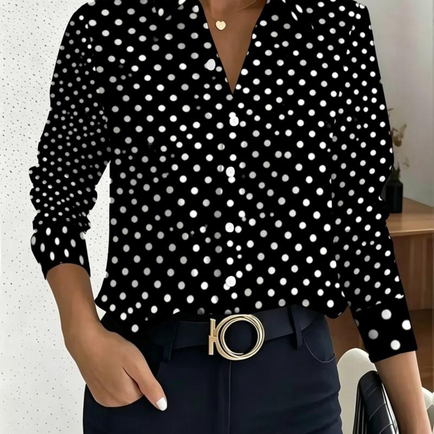 TEMU Women's Beautiful Long-sleeve Blouse With Classic Small Polka Dots A Vintage Vibe, Suitable For Wear, Effortlessly A And Elegant Outfit [printed