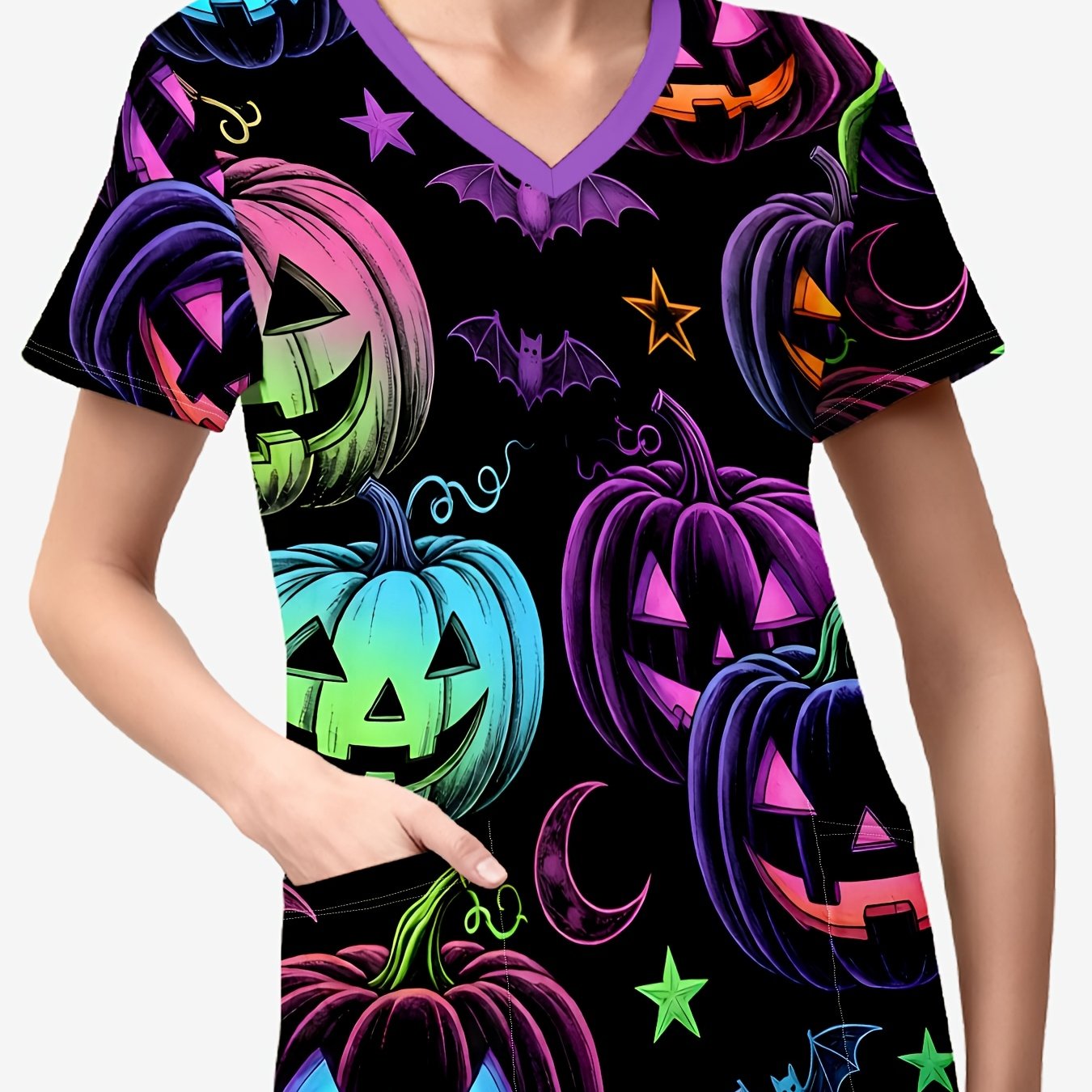 TEMU A Stylish Halloween V-neck Women's Printed Nursing Uniform Featuring Vibrant Jack-o'-lantern Prints, Dark Fluorescent Bats, And Stars. This