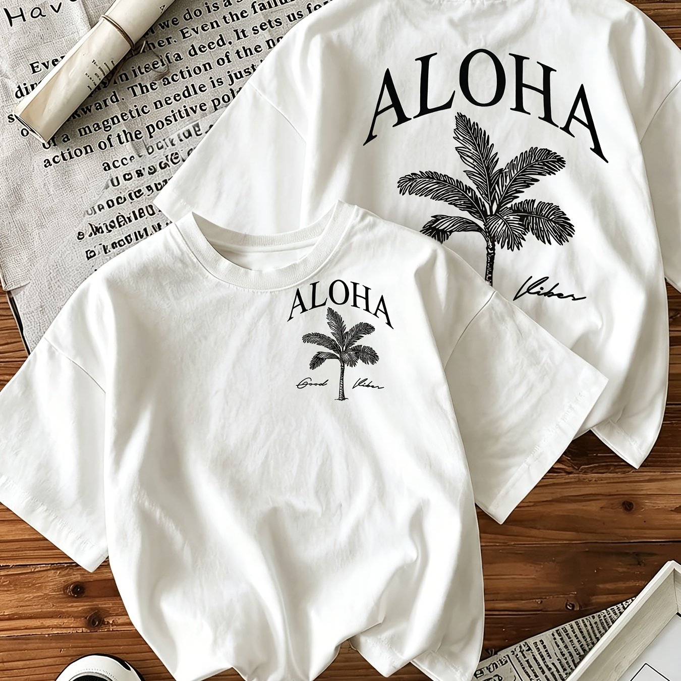 Image of Spring/summer New Vacation : Women's Aloha Print White T-shirt, Oversized Fit For A Relaxing Beach Or Everyday And Travel