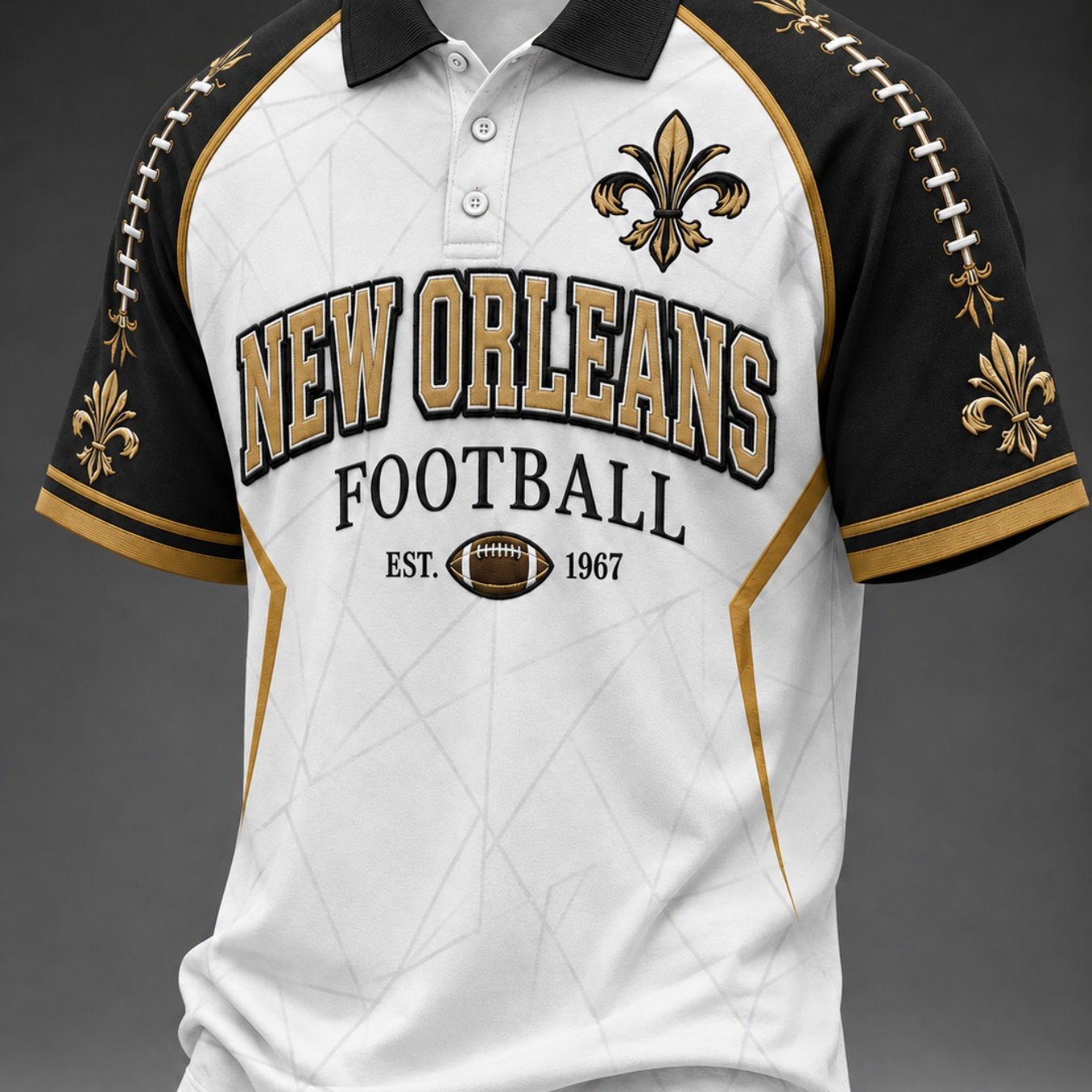 TEMU Men's New Orleans Football Shirt, Black White Golden Graphic, Short Sleeve Collared Sports Top, Vintage Game Day Fan Shirt, Casual Summer Gift