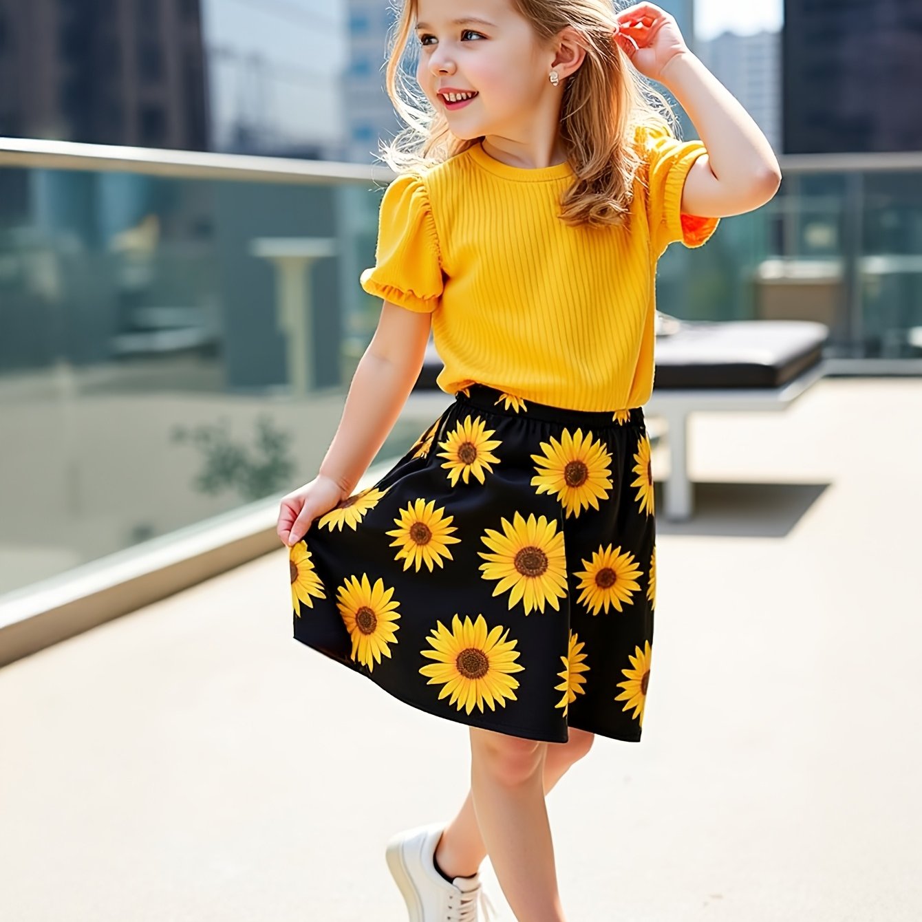 Image of Girls' Sunflower Print Short-sleeved Top + Skirt Set, Summer Clothing Two-piece Set, Suitable For Daily Wear/vacation/party, Suitable For Children Aged 3