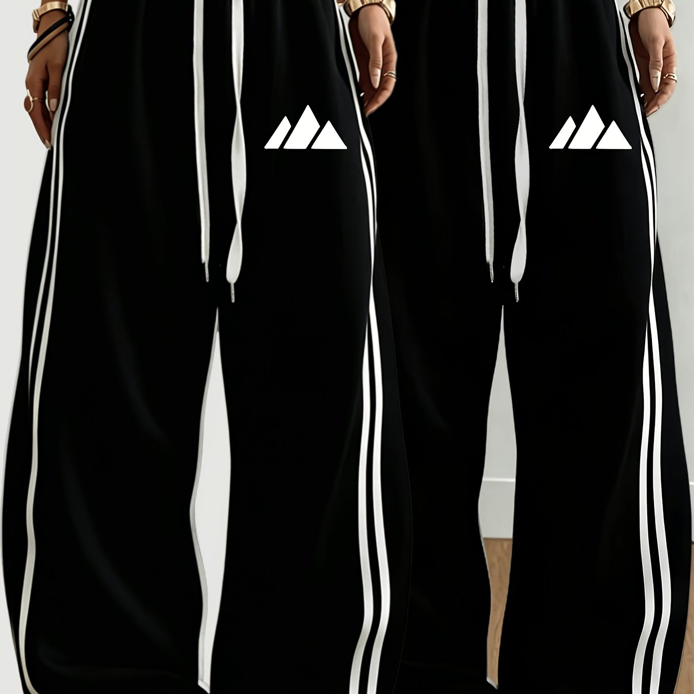 TEMU 2pcs Set Of Barcode Women's Printed Home Casual Straight Trousers, Color-block Side Stripe Comfortable Drawstring Straight Long Pants