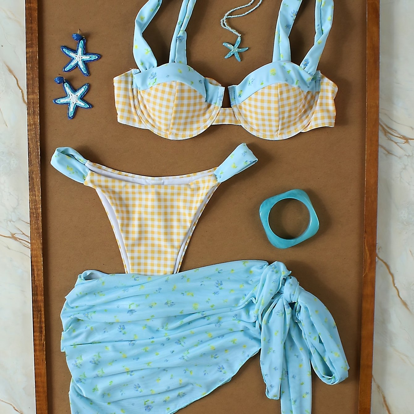 TEMU Bikini da donna a quadri blu e gialli con motivo , un costume da bagno trendy a blocchi di per le vacanze al mare