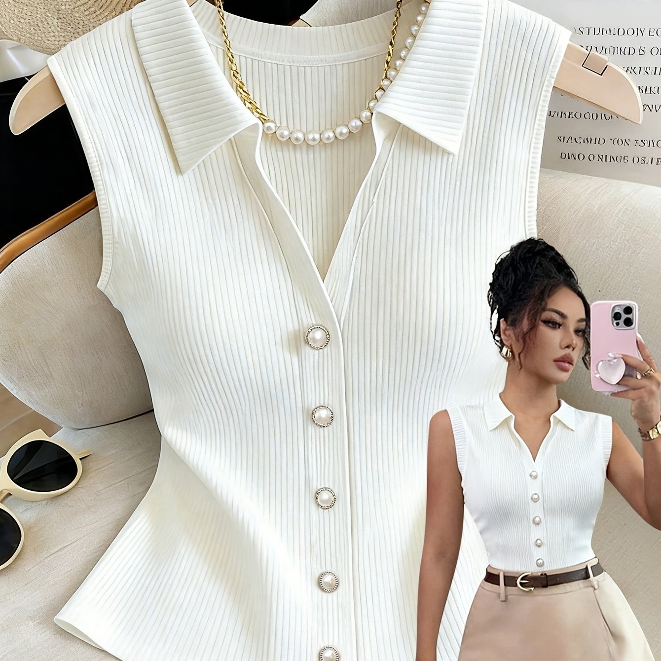 TEMU Solid Reversible Collar Button-less Sleeveless Vest