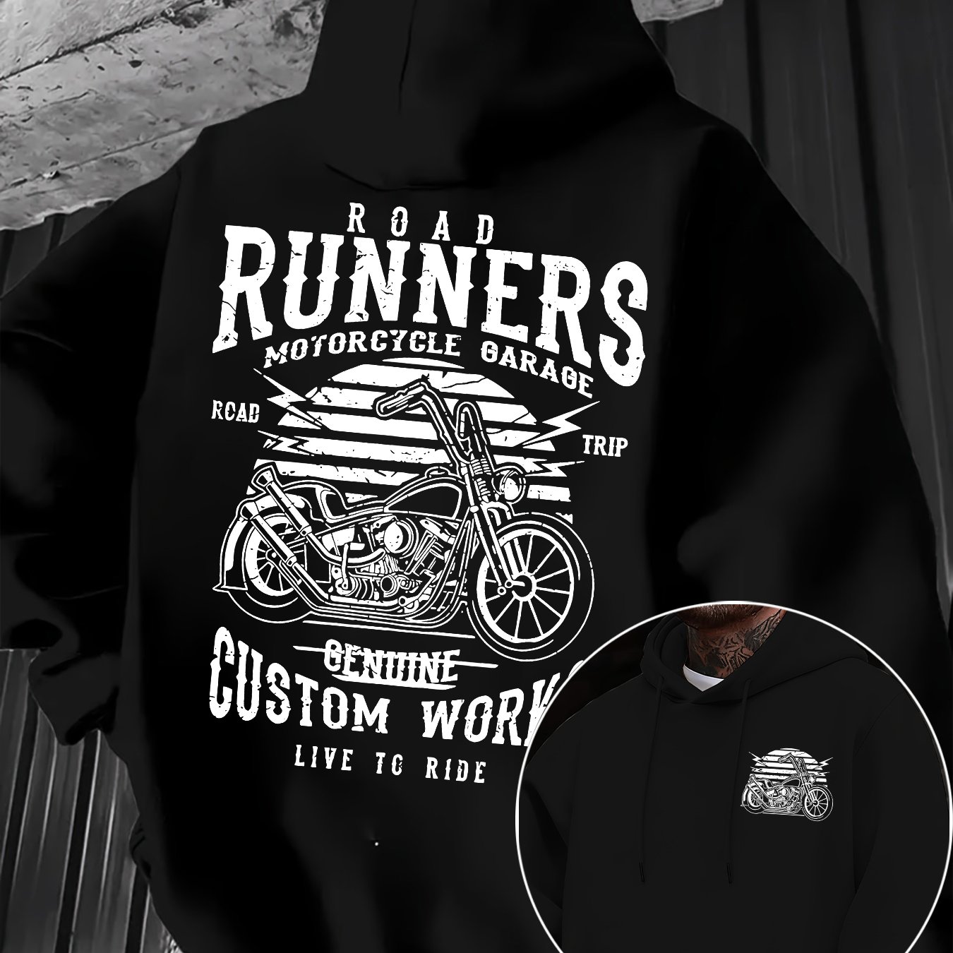 TEMU Men's Hooded Sweatshirt With Motorcycle Letter Print On Back And Front | Small Chest Patch Design, Kangaroo Pocket, For Fall/winter