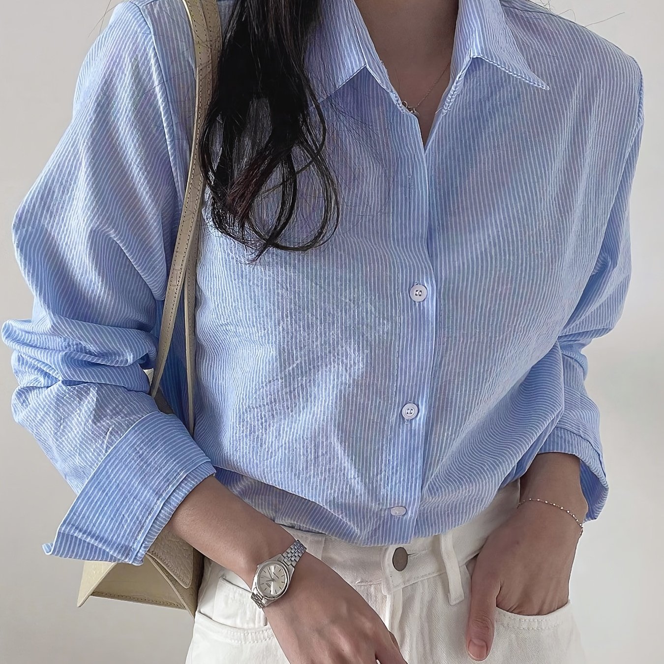 TEMU Casual And Elegant Striped Textured Long-sleeve Lapel Shirt, A Simple And Fashionable Long-sleeve Top For Women, Zllz