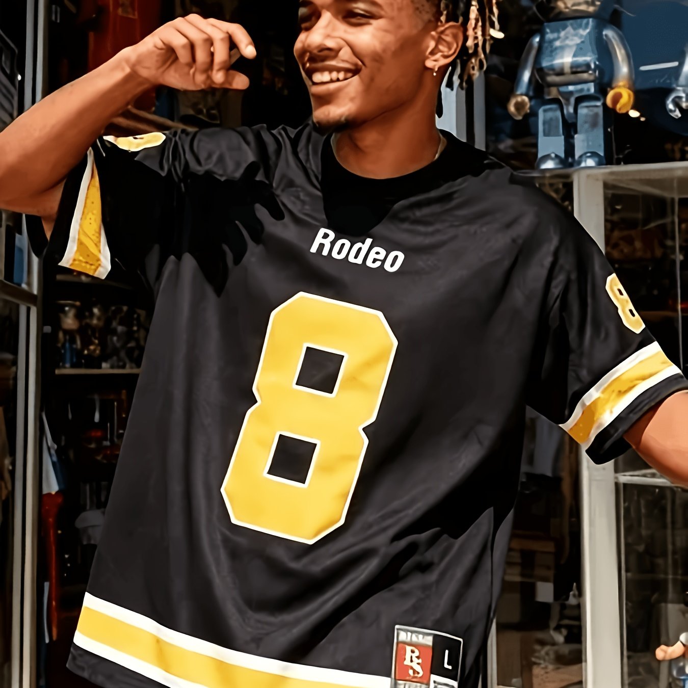 TEMU Rodeo #8 Jersey, Street Style Loose Short Sleeve Uniform, Vintage Top, Of Comfort And Charm [printed Design - Not Textured], Plus Size