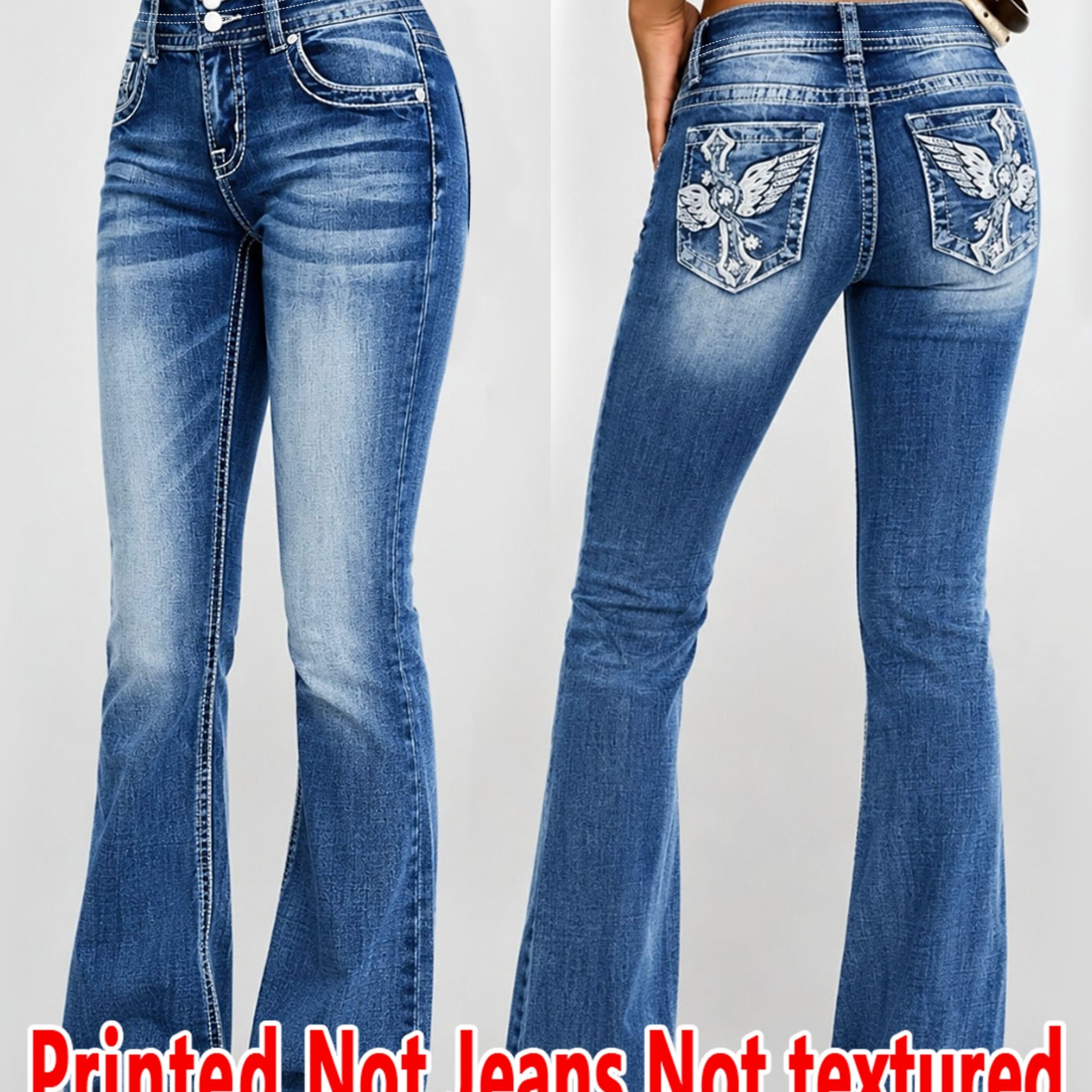 TEMU [printed Pants - Not Denim Fabric]printed Flare Pants, Textureless - Non- Denim Fabric, Women's Trousers, Denim Printed Flares For