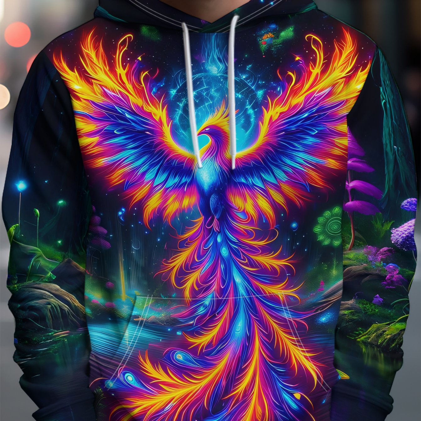 TEMU Men's Streetwear Brand Hooded Sweatshirt: A Colorful Phoenix Spreading Its Wings In A Fluorescent Forest, Surrounded By Glowing Plants And A