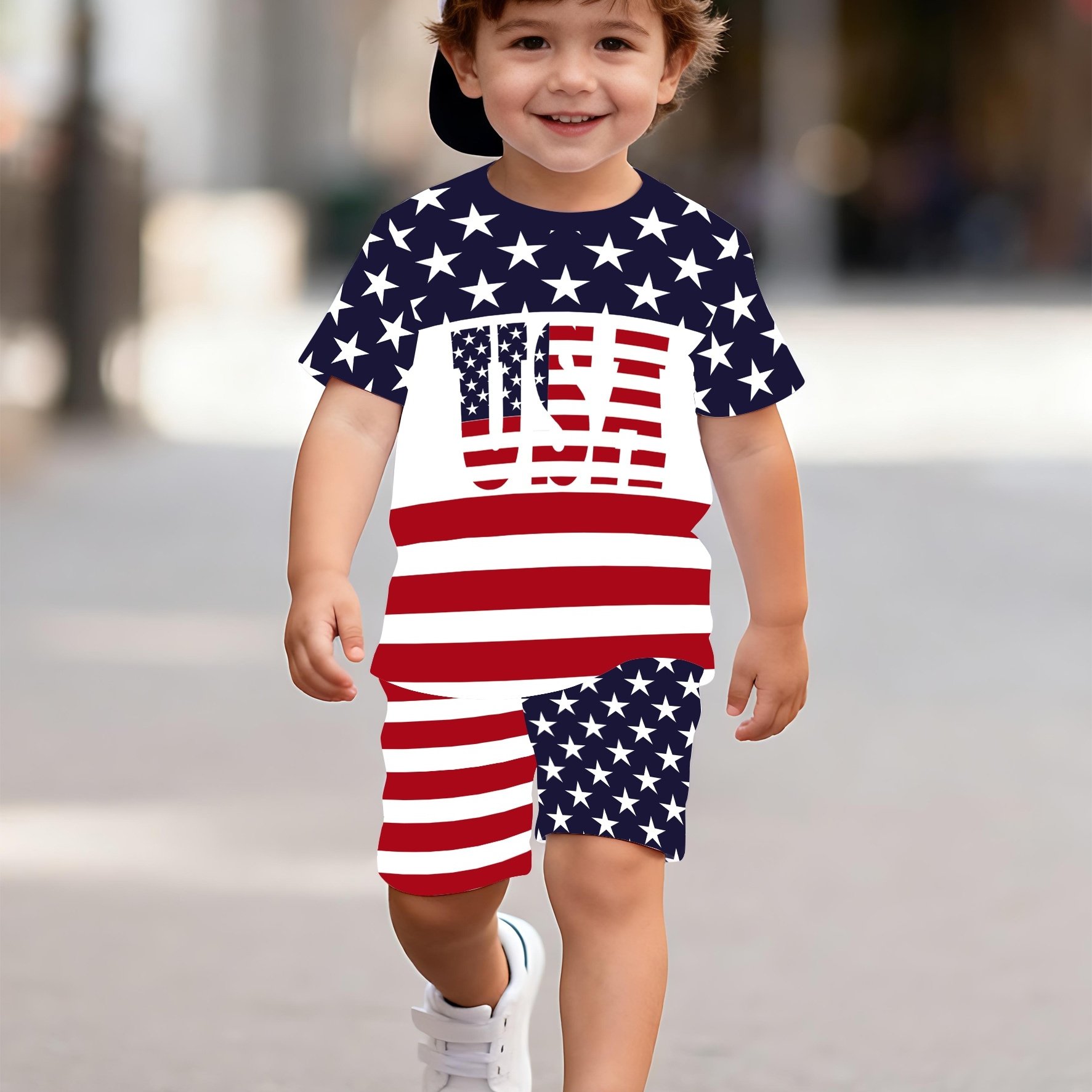 TEMU Day, Day2pcs Boys Summer Shorts Set- Cartoon 3d Flag Print Round Neck Top+ Casual Comfortable Shorts, Perfect Gift For Outdoor Activities250 Celebration Items, 250 Celebration Items