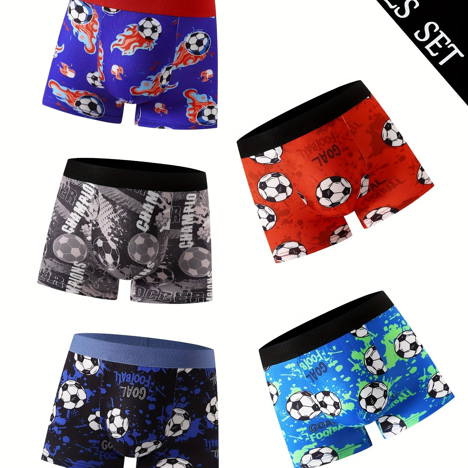 E-shop 5-teiliges Jungen-Unterwäsche-Set mit Fußballspieler-Ganzkörper-Grafik – Weiche bequeme Slips für Kinder von 4-8 Jahren, für Zuhause & Sport –