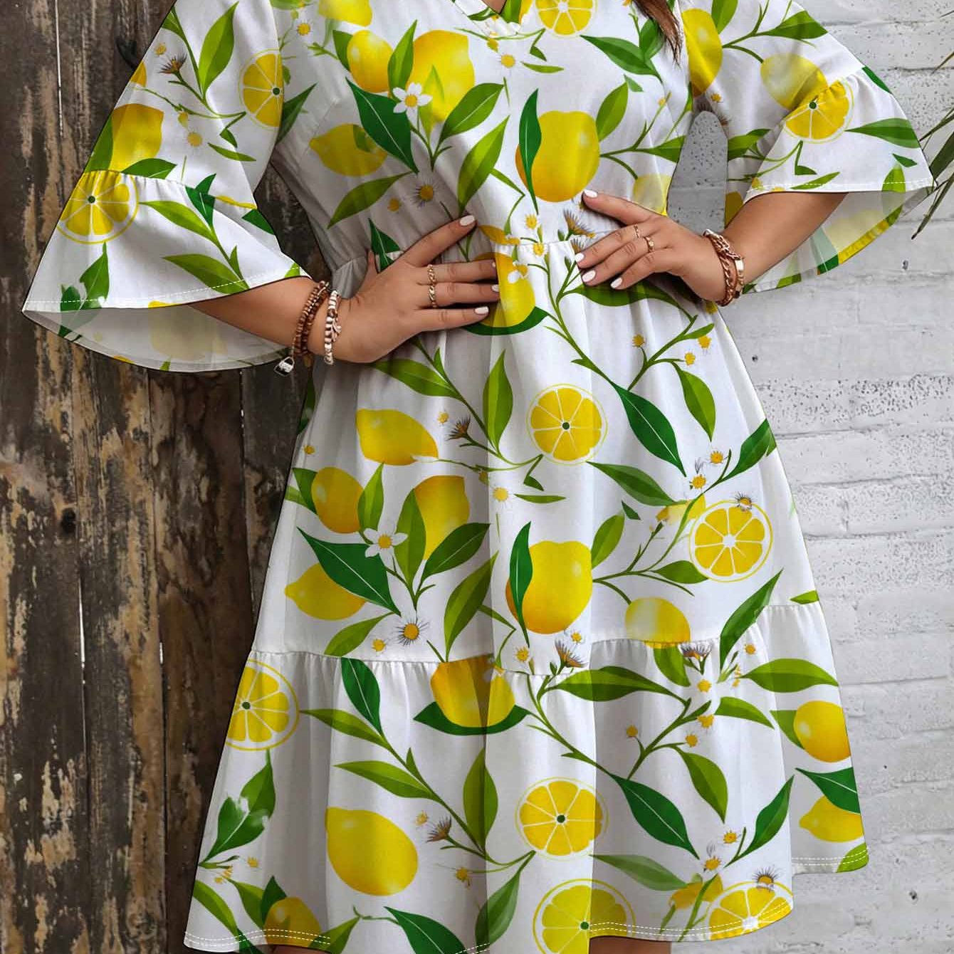 Image of Plus Size Lemon Print Dress For Women. V-neck. Bell Sleeves. Layered Skirt. Loose Fit Colorful Elegant Bohemian Tropical Style Maxi Dress