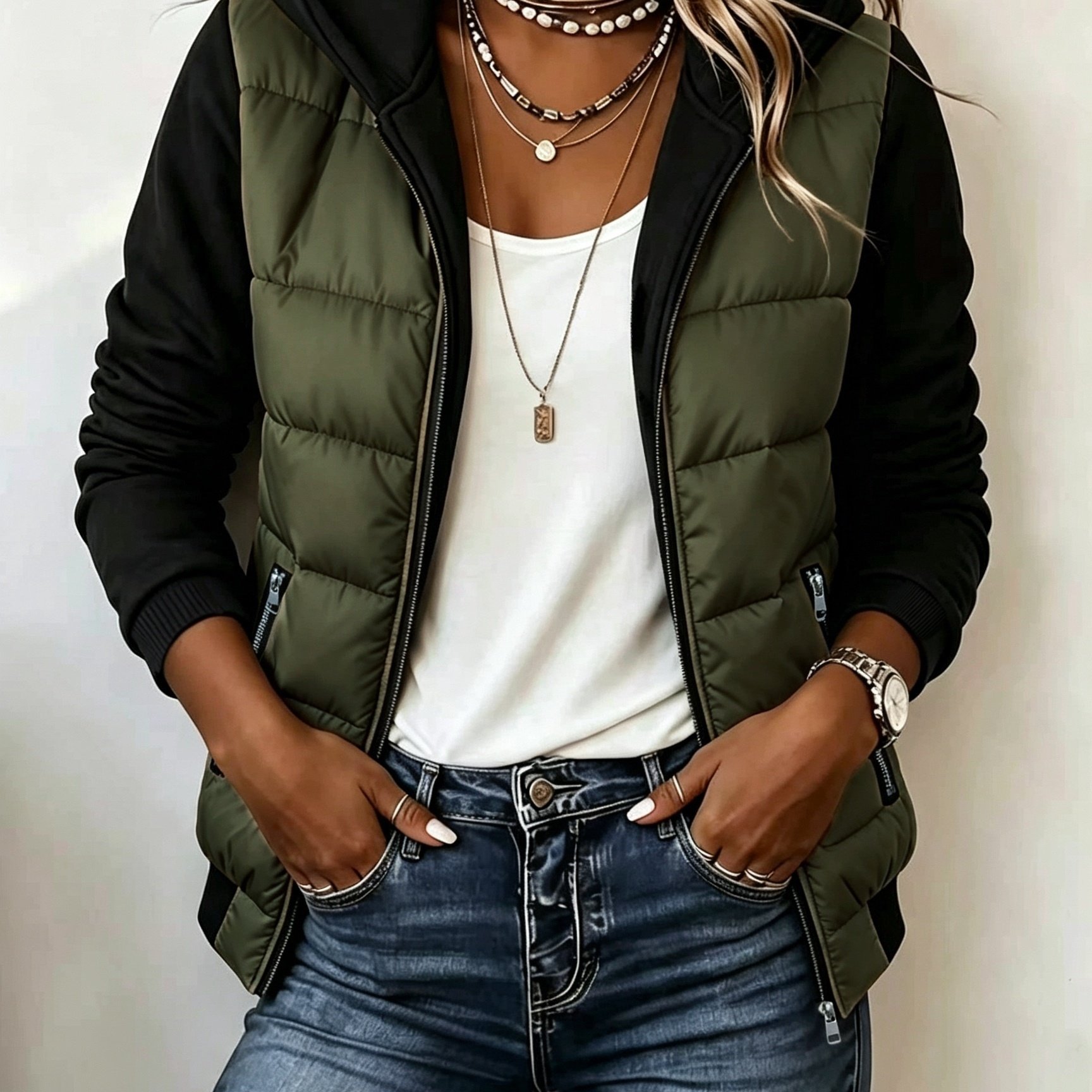 TEMU Neue Herbst/Winter Mode für Damen, Kapuzen-Langarm-Steppjacke mit Farbblock-Patchwork-Ärmeln, kurz geschnitten, lässig, warm, gepolstert