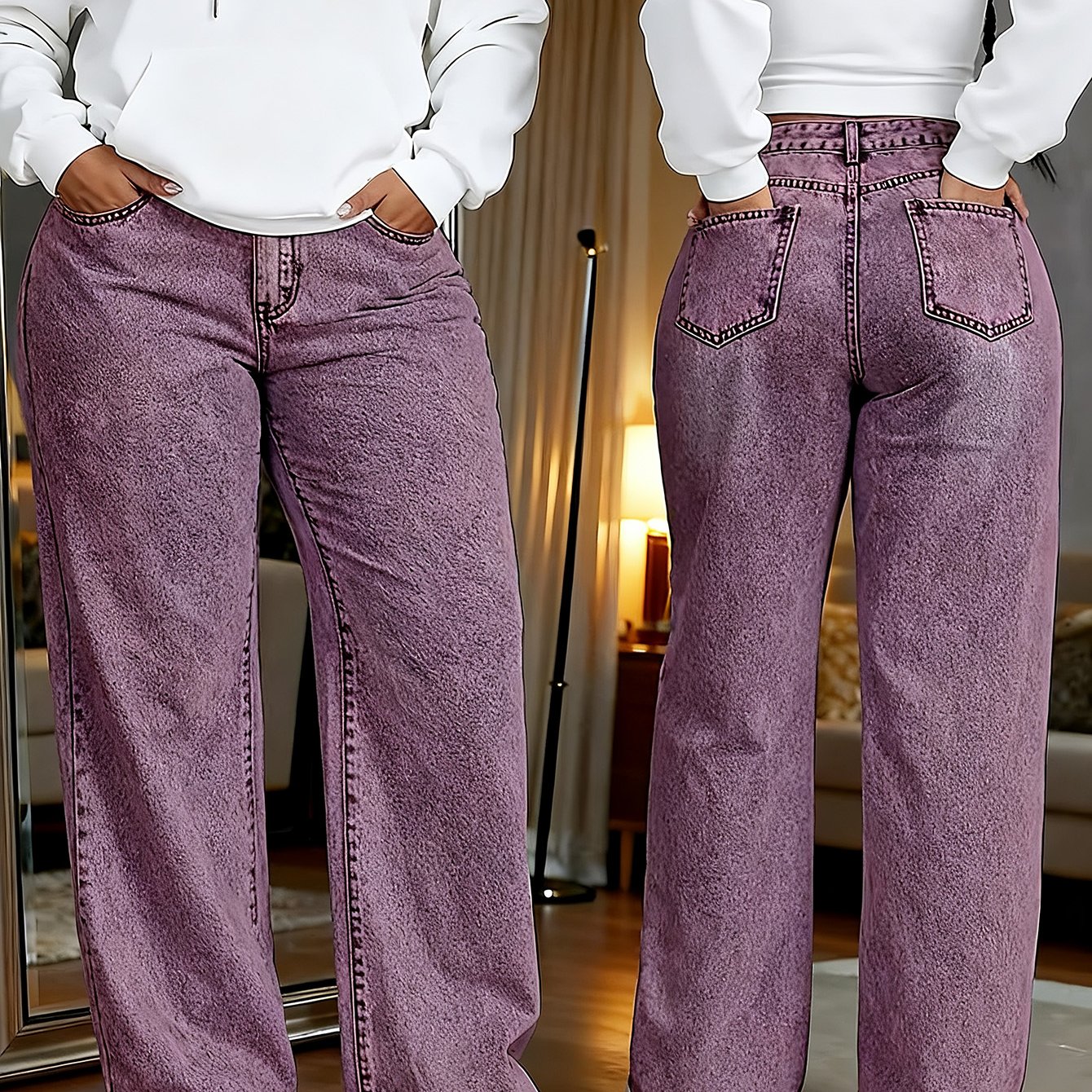 TEMU Women's Plus Size Snow-washed Purple Jeans - High-stretch Straight-leg Denim Pants, Relaxed Fit With Button Closure, Straight-cut Trousers, Hand