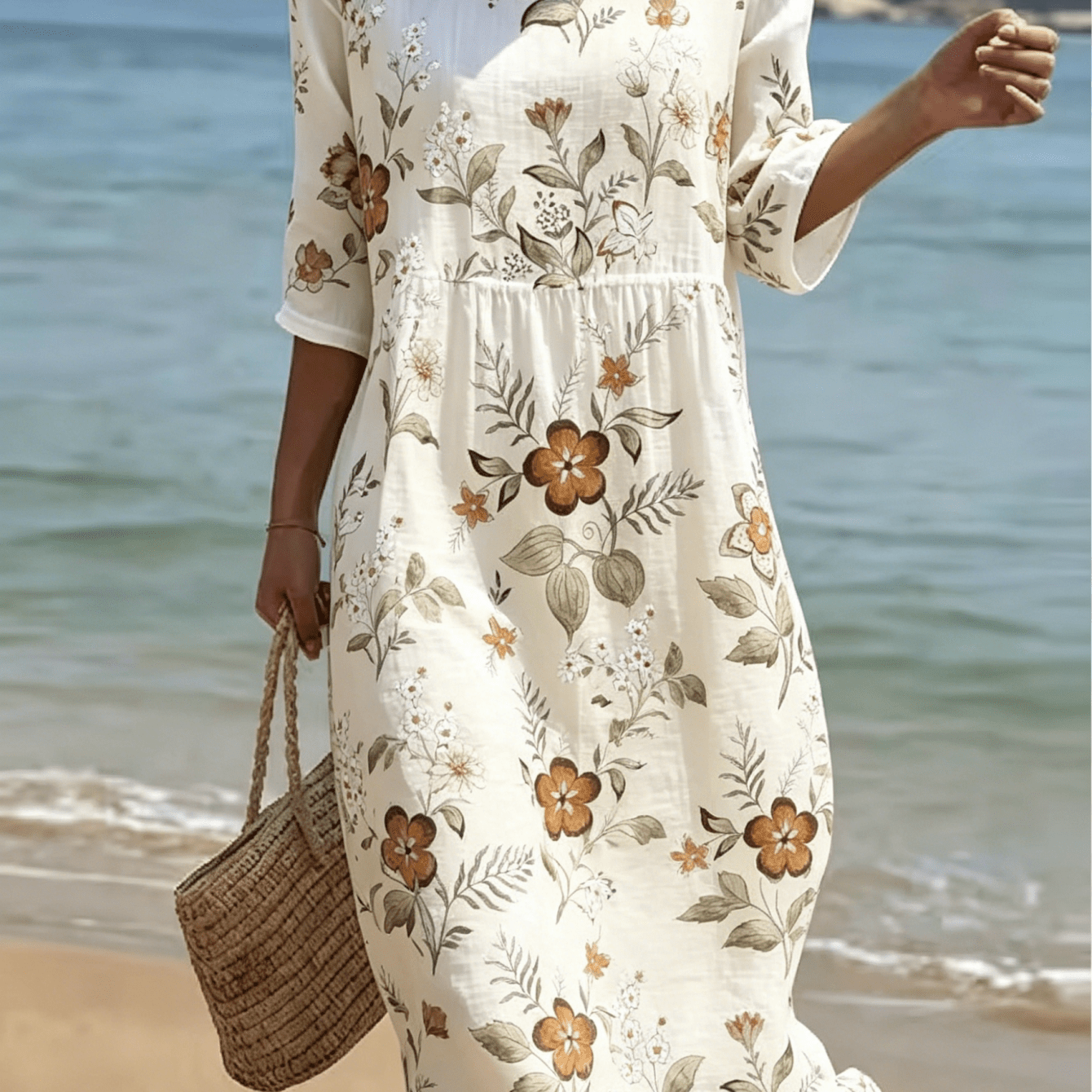 Women Casual Boho Floral Midi Dress, Half Sleeve Round Neck Waist Ruched Loose Beach Vacation Dress, Breathable Lightweight Summer Flowy Sundress For Daily Wear