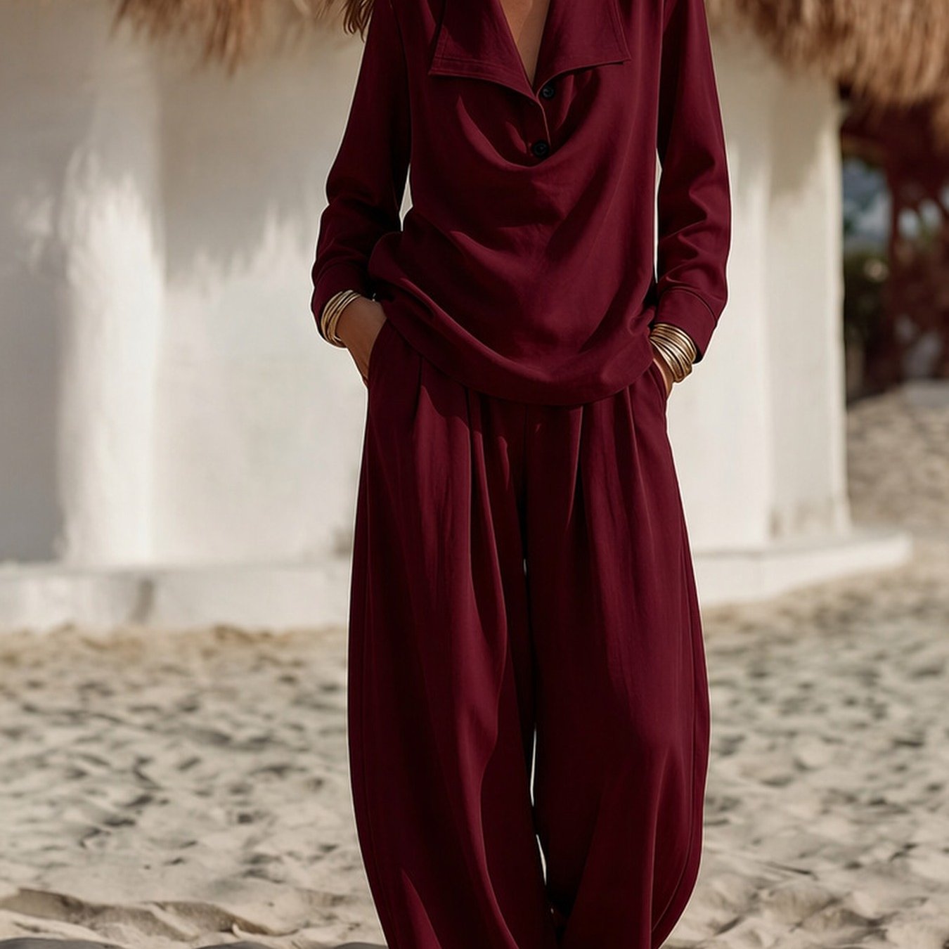 Image of Women'-piece Long-sleeve Formal Collar Blouse And Loose Trousers Set