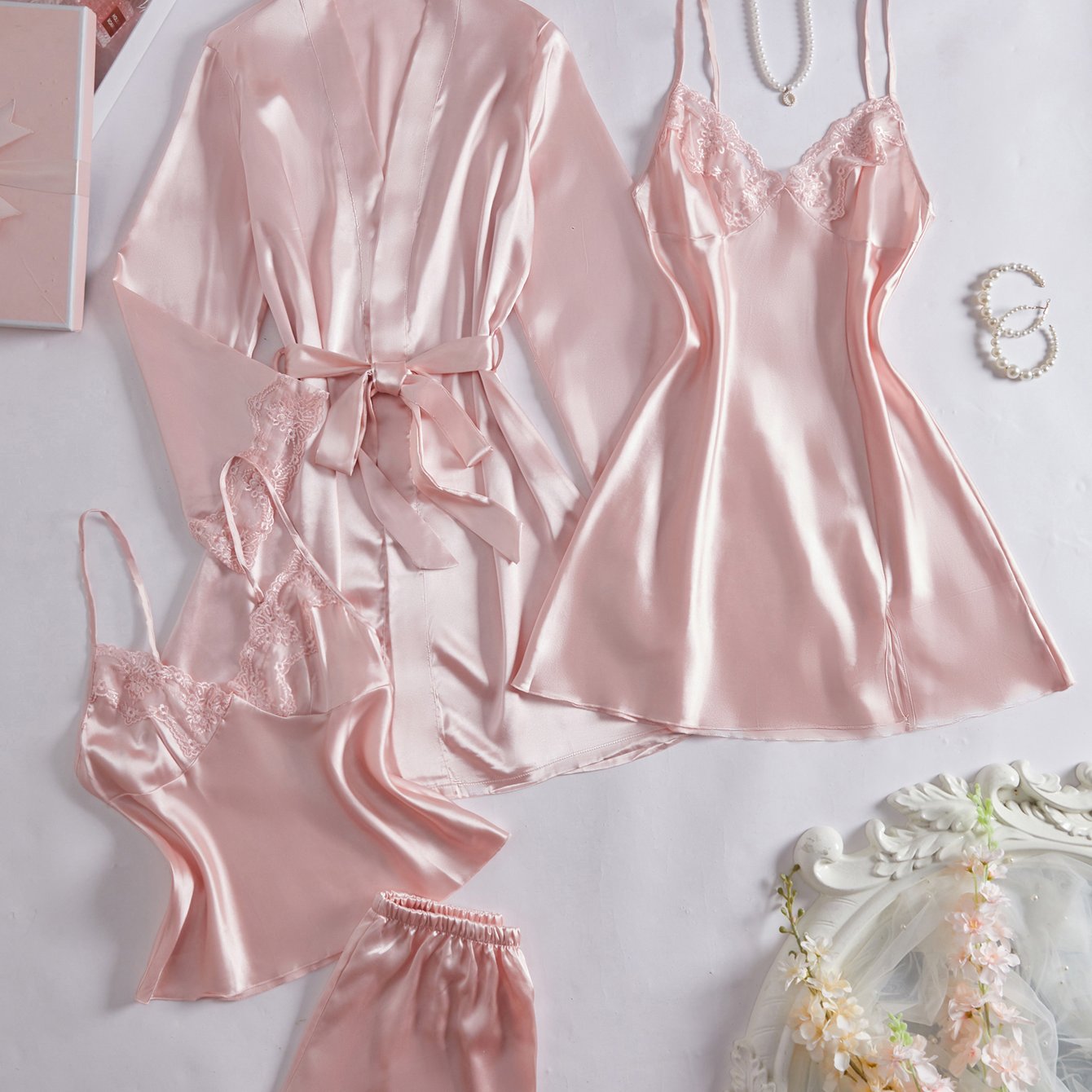 TEMU New Women's Lace V-neck Camisole Sleep Dress   Camisole Top And Shorts   Long-sleeve Robe 4pcs Set, Suitable For Weddings, Worn Outdoors Or As A