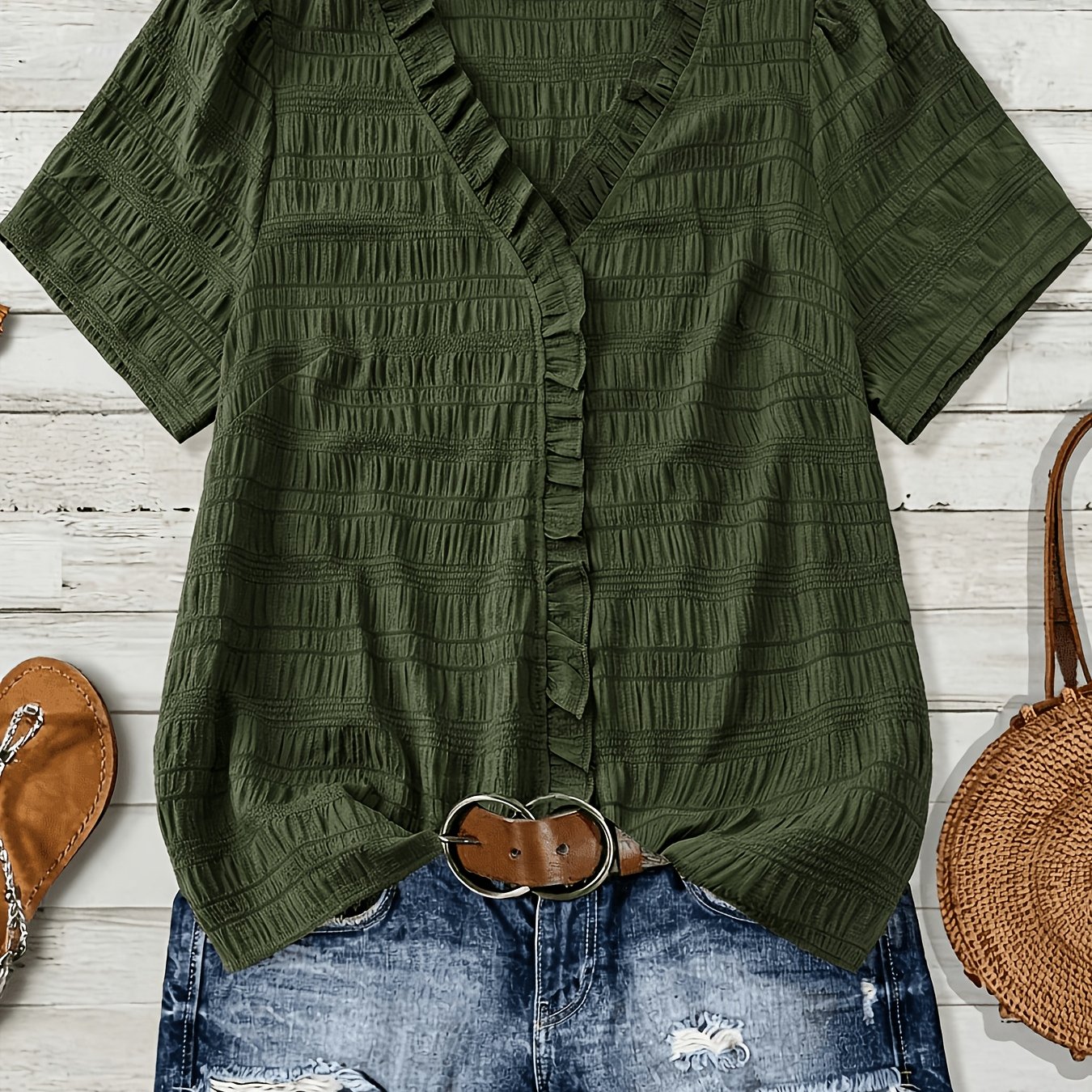Solid Color V-neck Short Sleeve Shirt