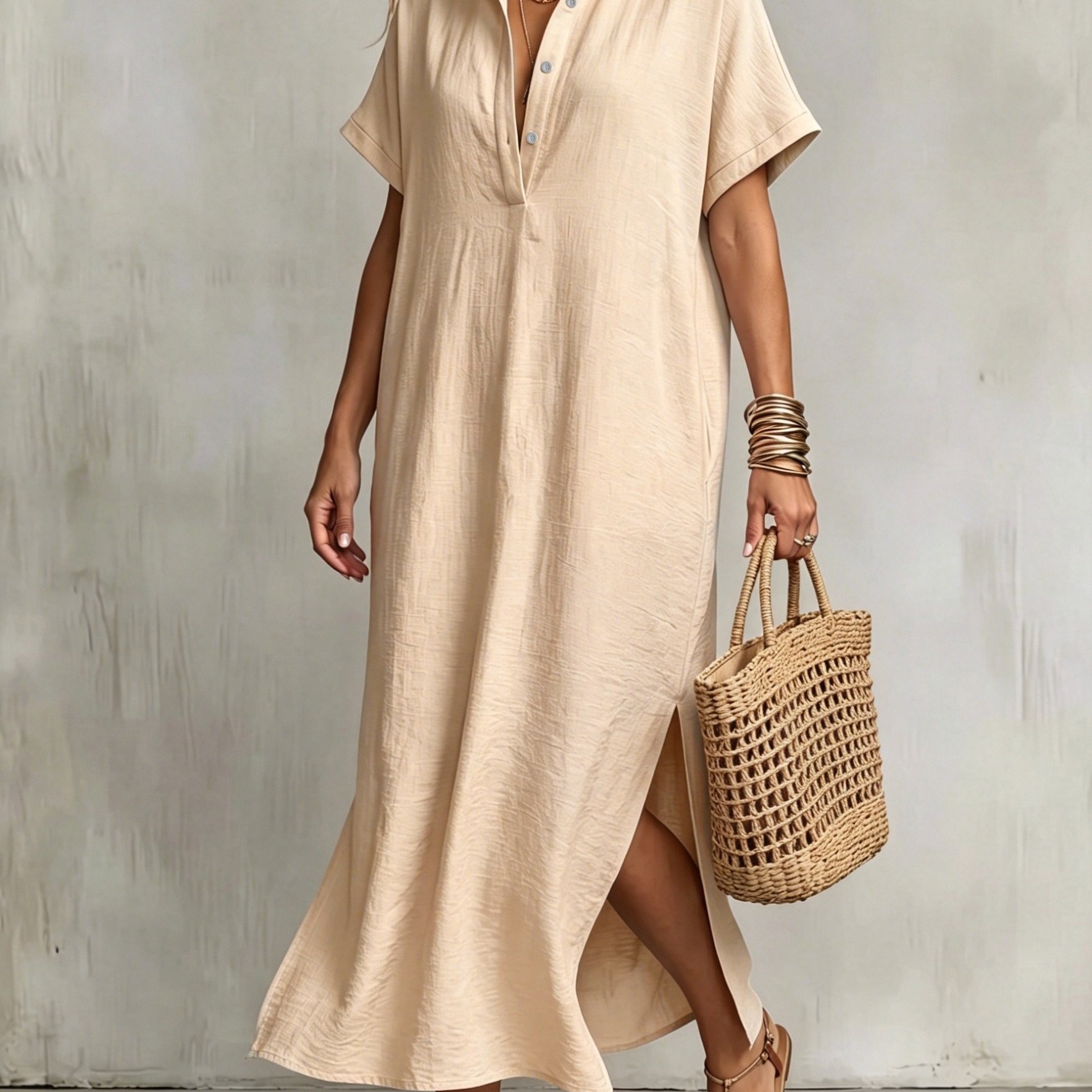 TEMU Cherry Casual Solid Color Shirt Collar Side Slit Dress